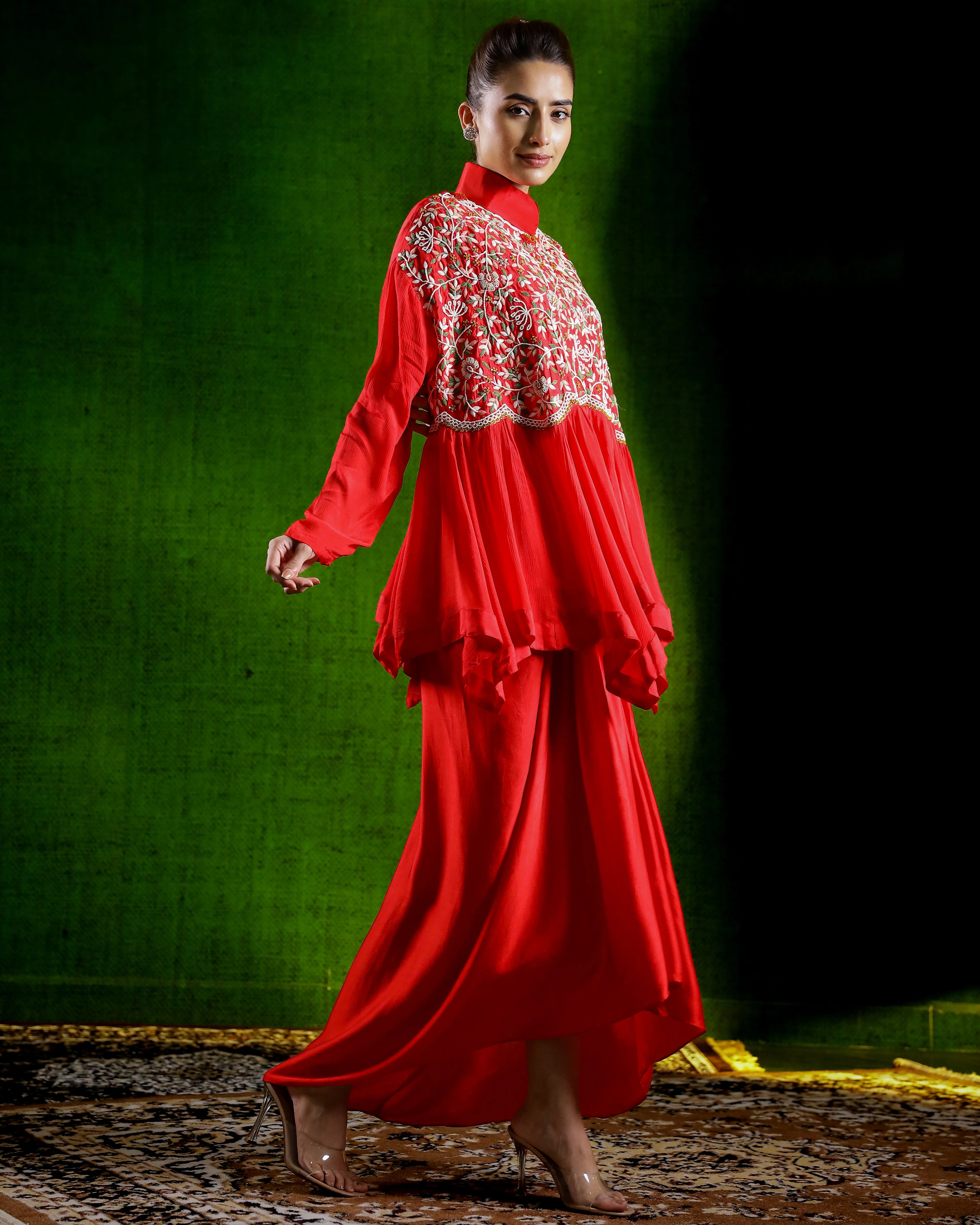 Cherry Red Embroidered Chinon Silk Kurta Set - Image 3