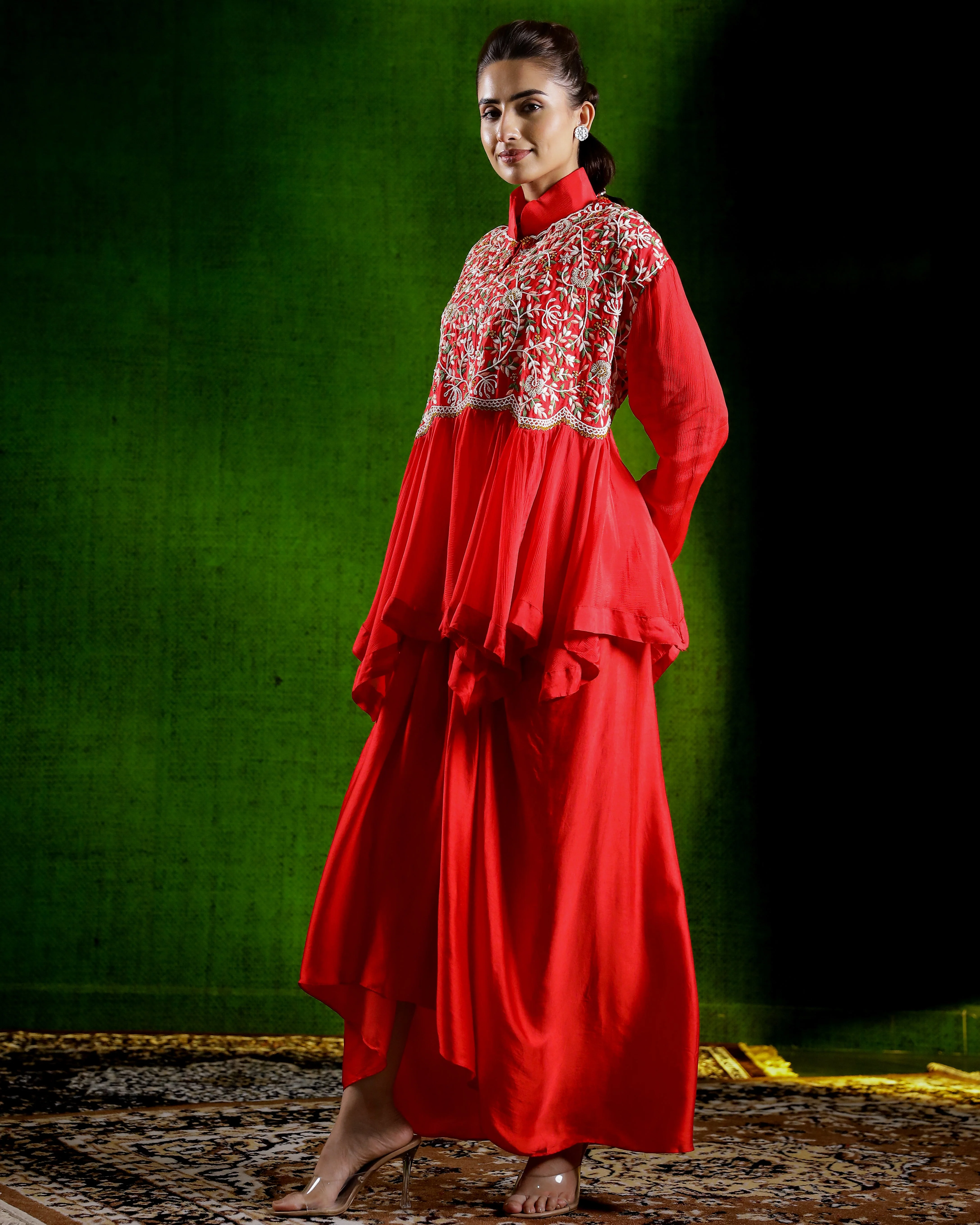 Cherry Red Embroidered Chinon Silk Kurta Set - Image 4