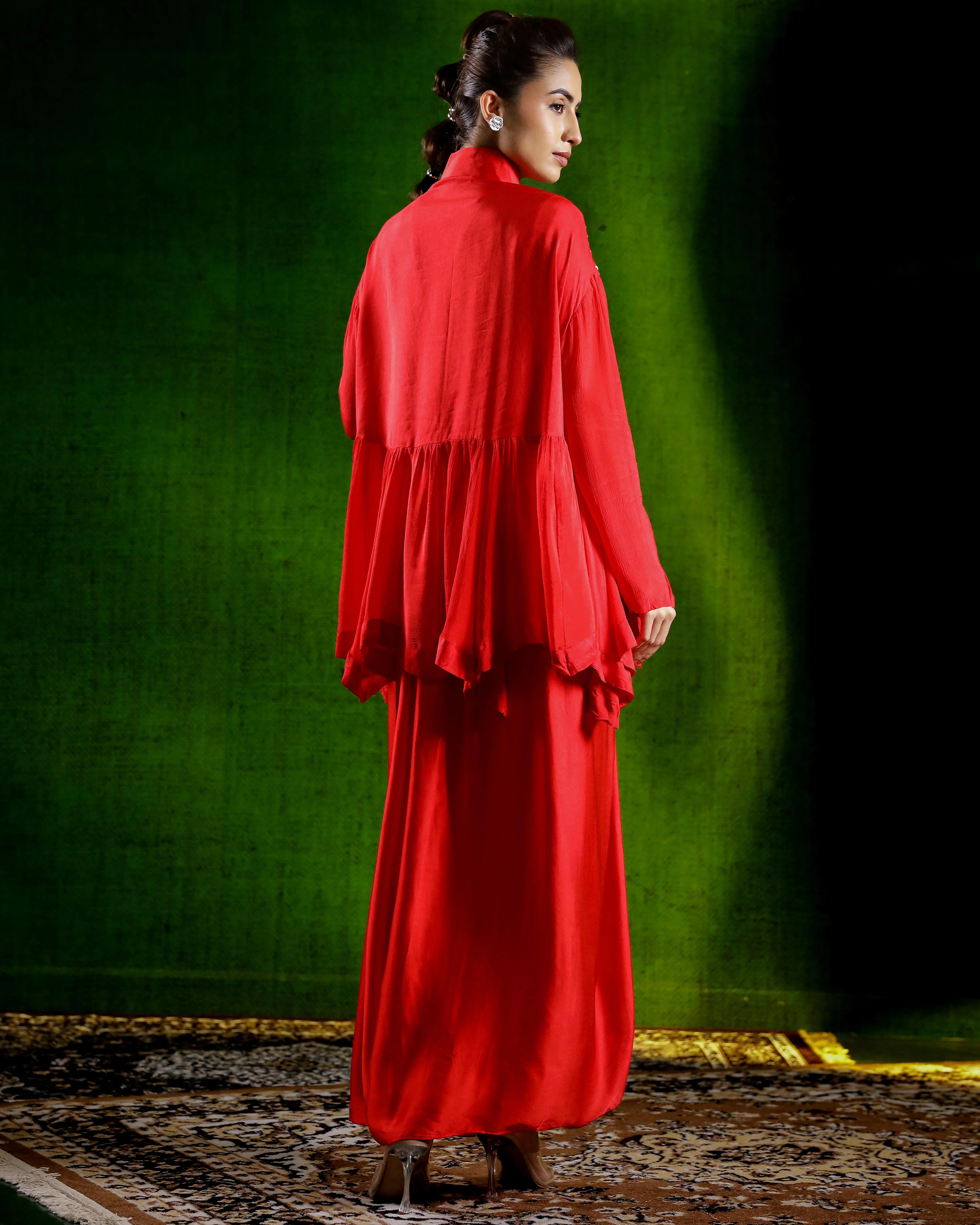 Cherry Red Embroidered Chinon Silk Kurta Set - Image 5