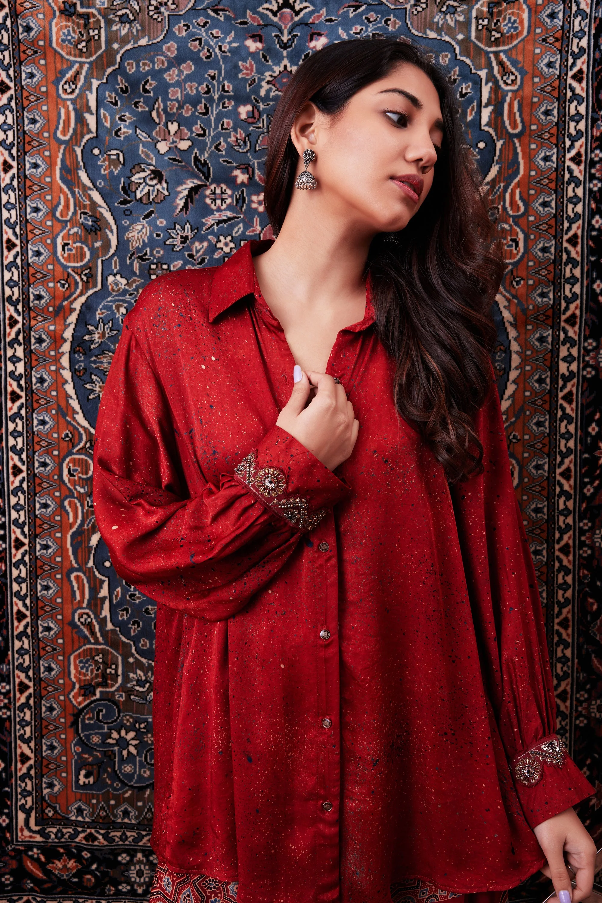Garnet Red Ajrakh Printed Premium Silk Co-Ord Set - Image 2
