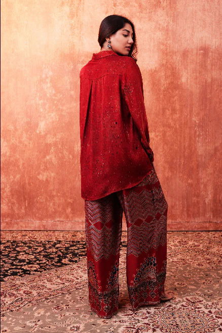 Garnet Red Ajrakh Printed Premium Silk Co-Ord Set - Image 3