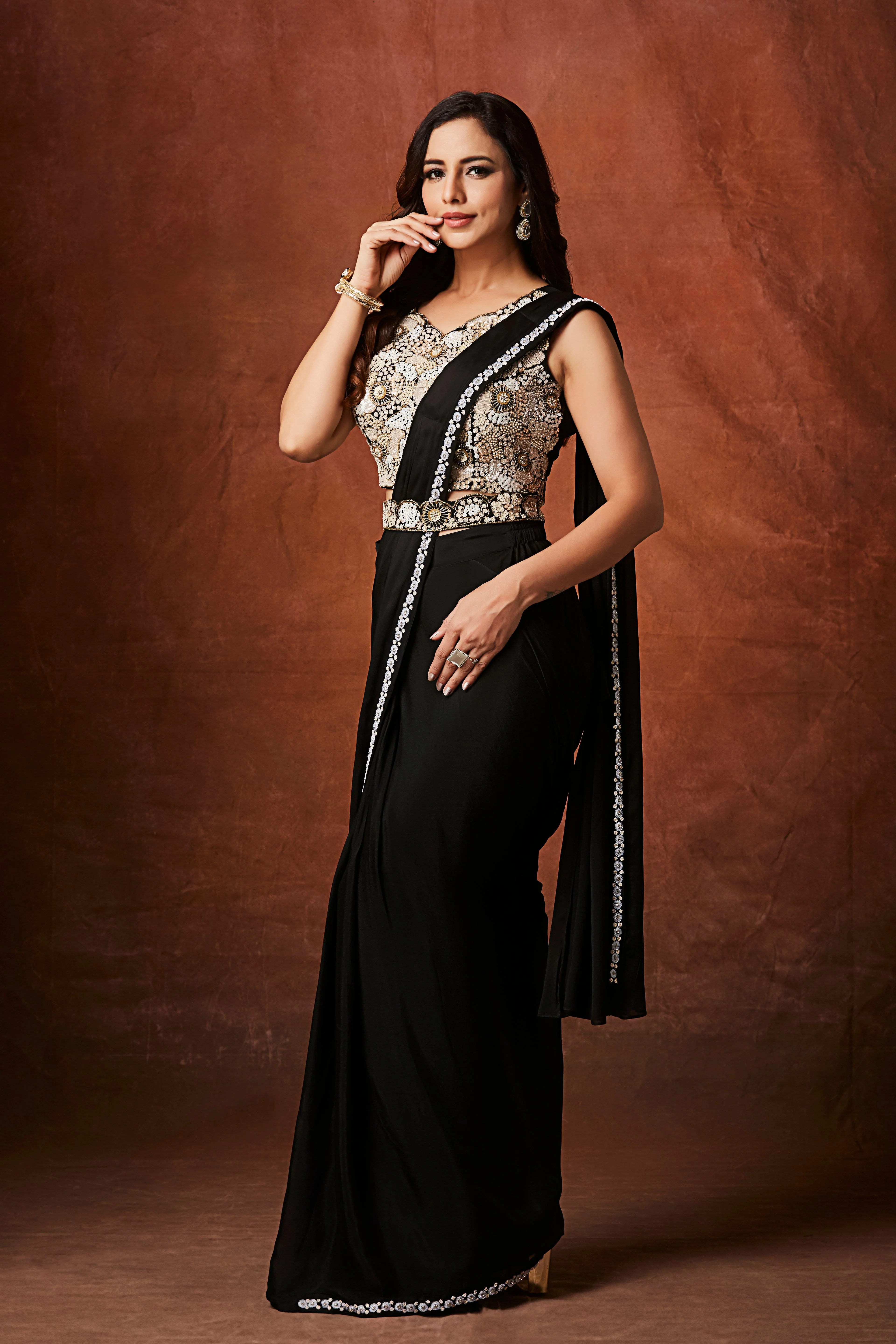 Chic Black Embellished Chinon Silk Drape Saree - Image 3