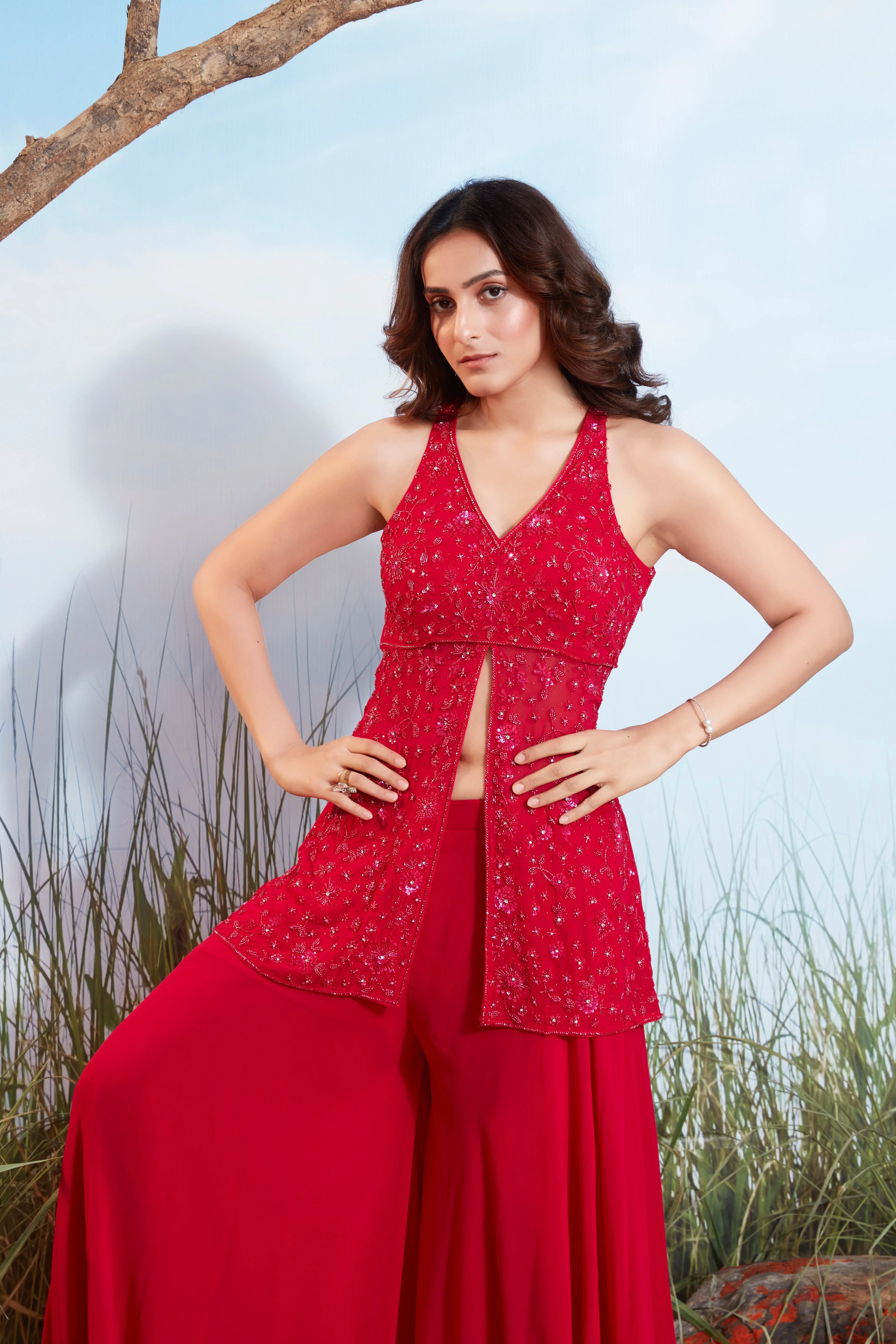 Vibrant Red Embellished Georgette Silk Palazzo Set - Image 2