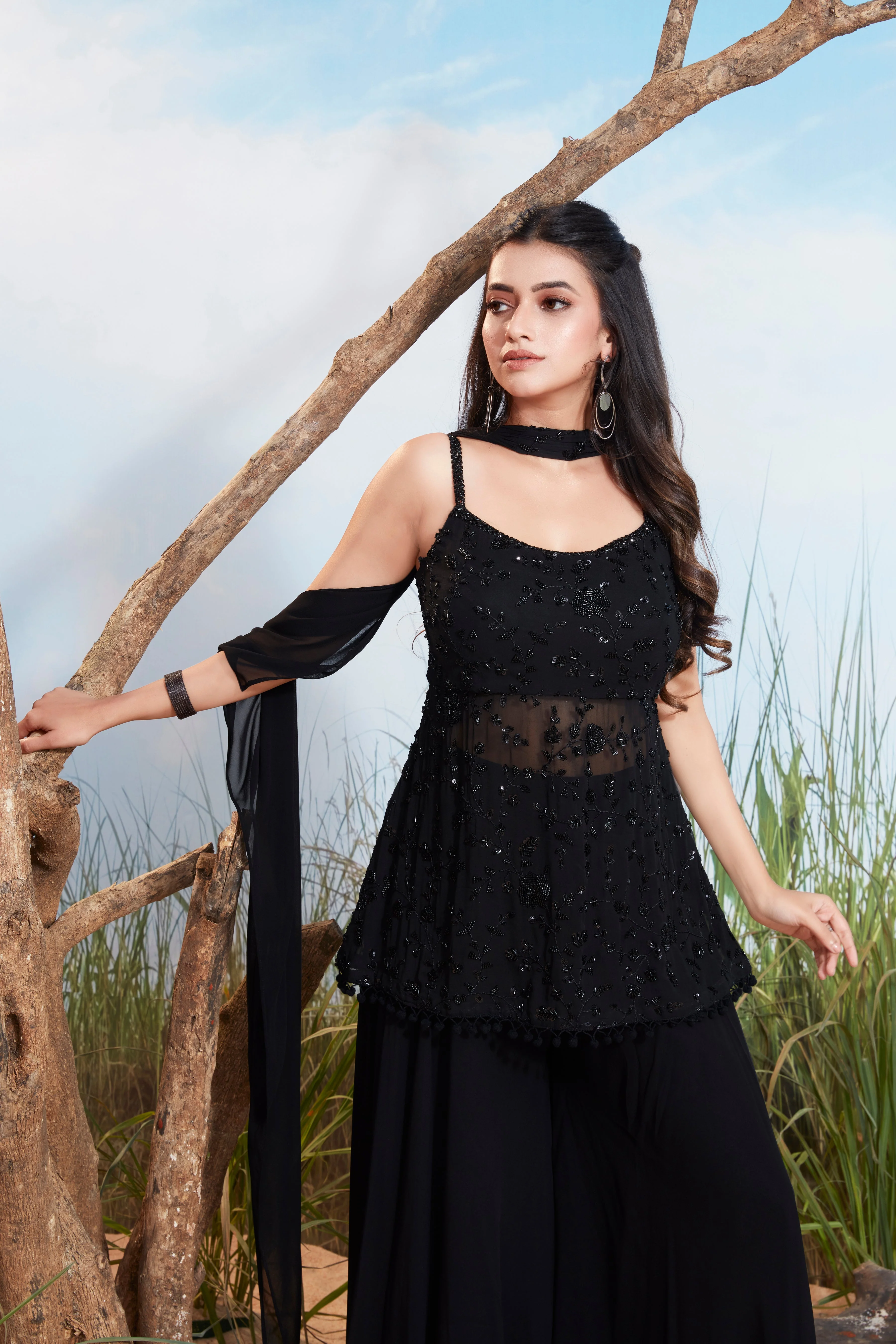 Deep Black Embellished Georgette Silk Palazzo Set - Image 2