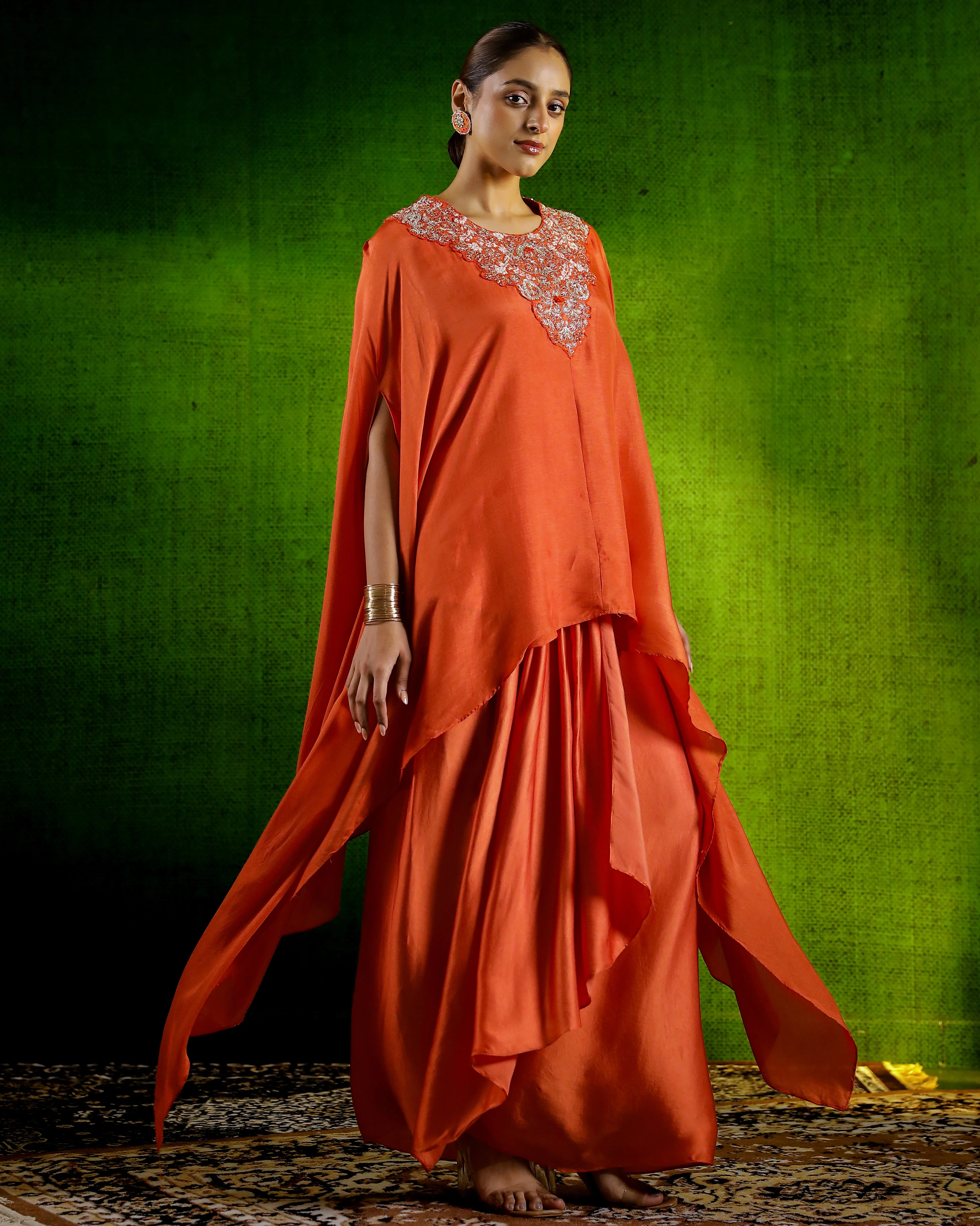 Chic Orange Asymmetrical Raw Silk Skirt Set - Image 3
