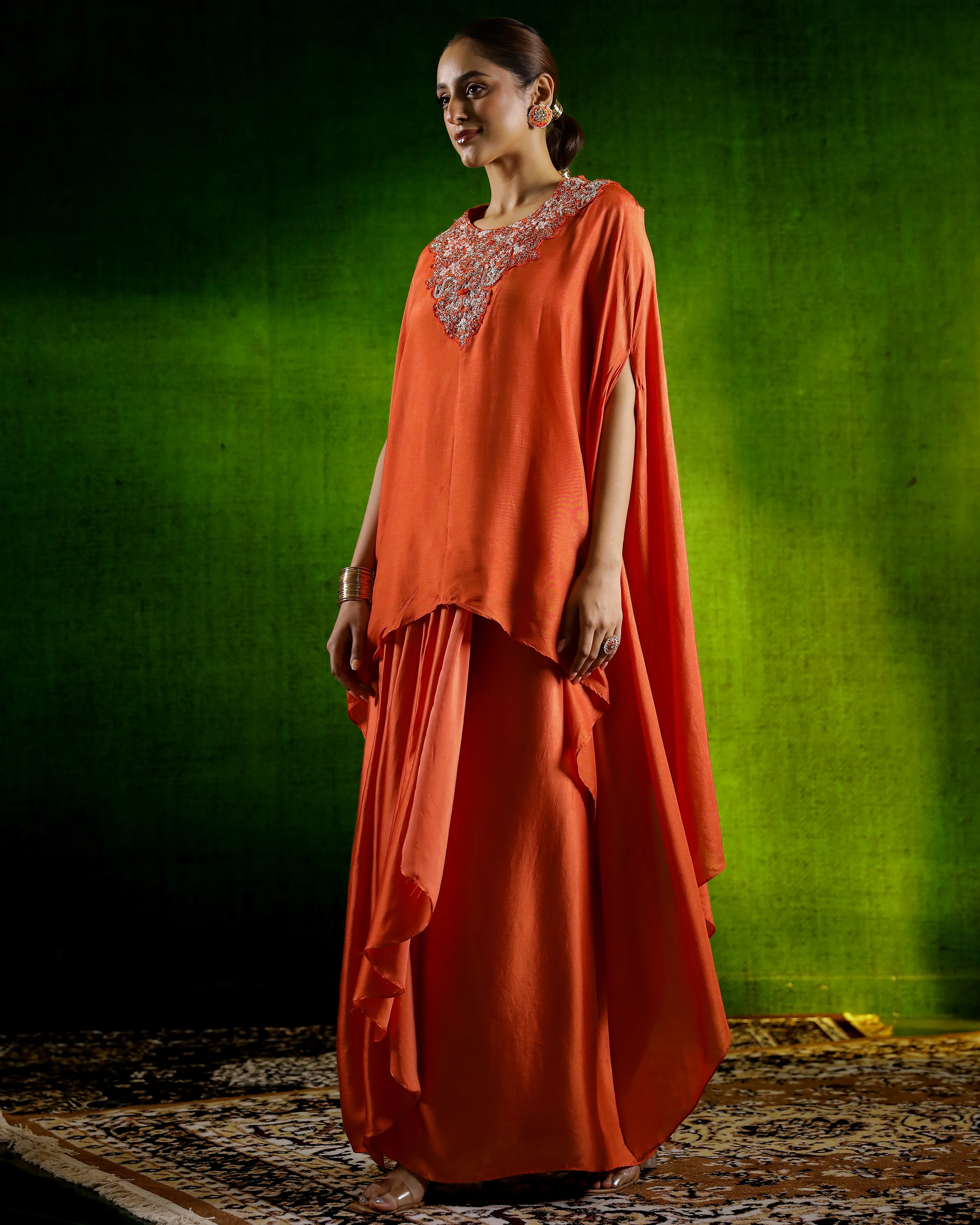 Chic Orange Asymmetrical Raw Silk Skirt Set - Image 4