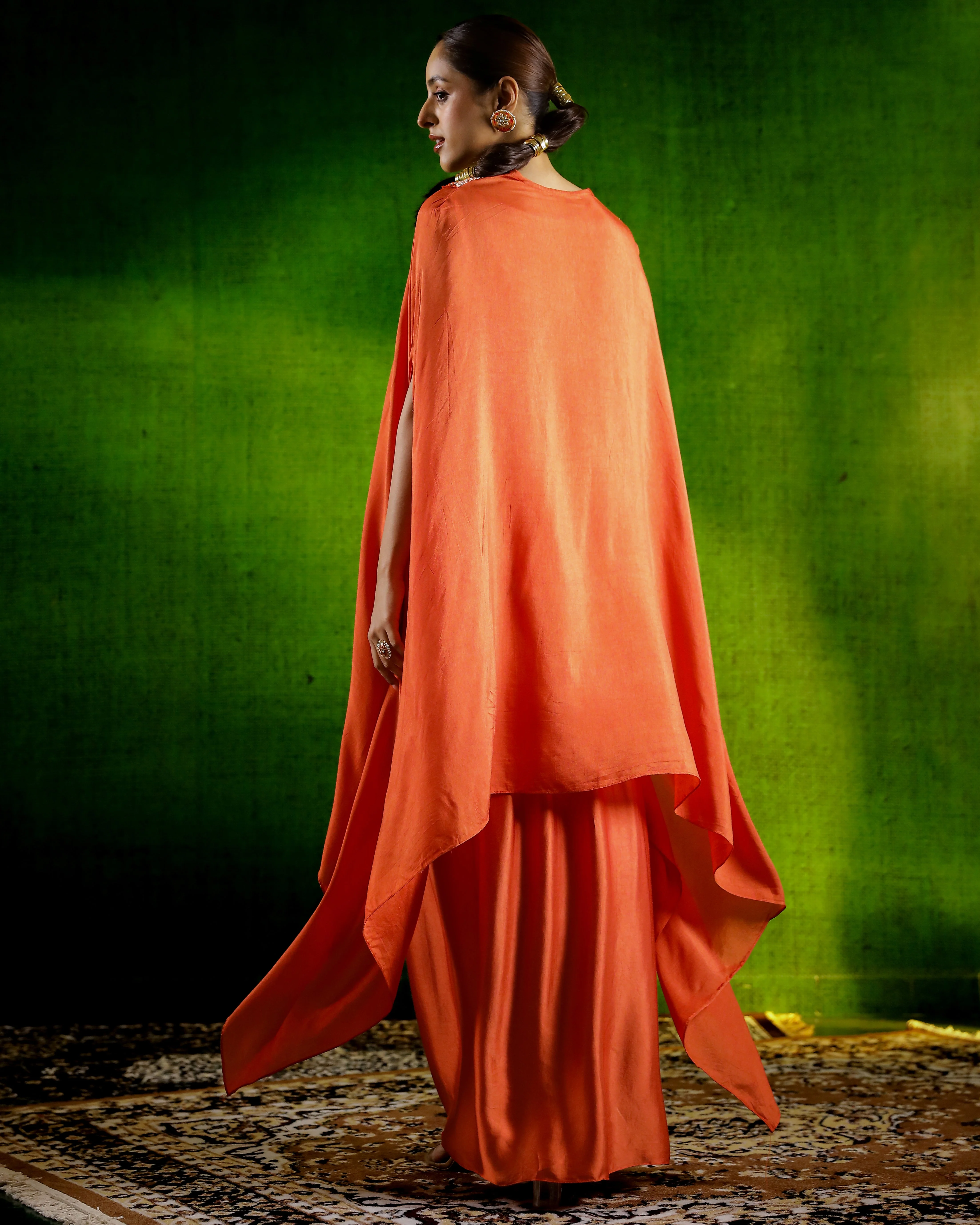 Chic Orange Asymmetrical Raw Silk Skirt Set - Image 5