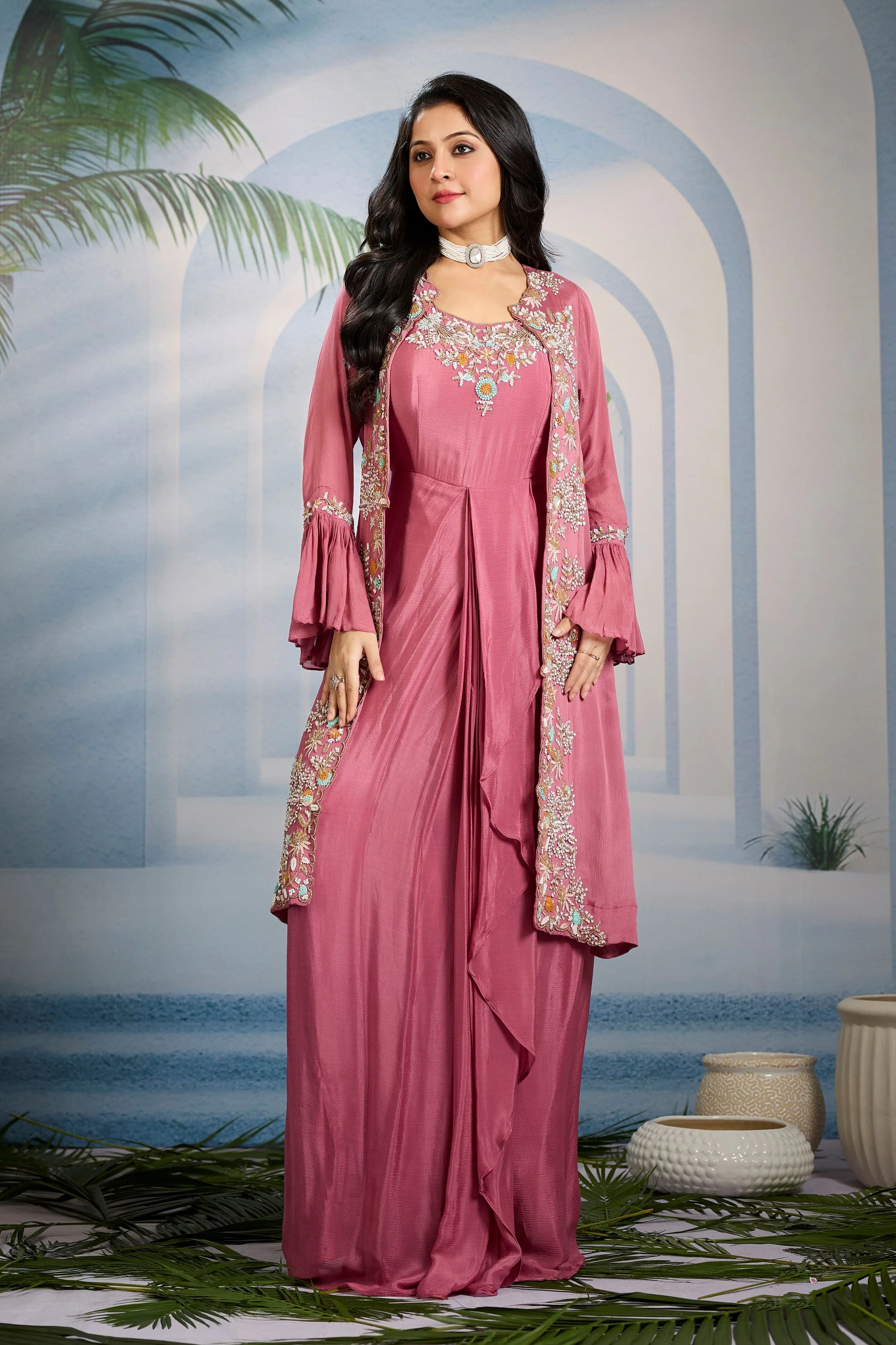 Chic Pink Embellished Chinon Silk Cape Gown - Image 3