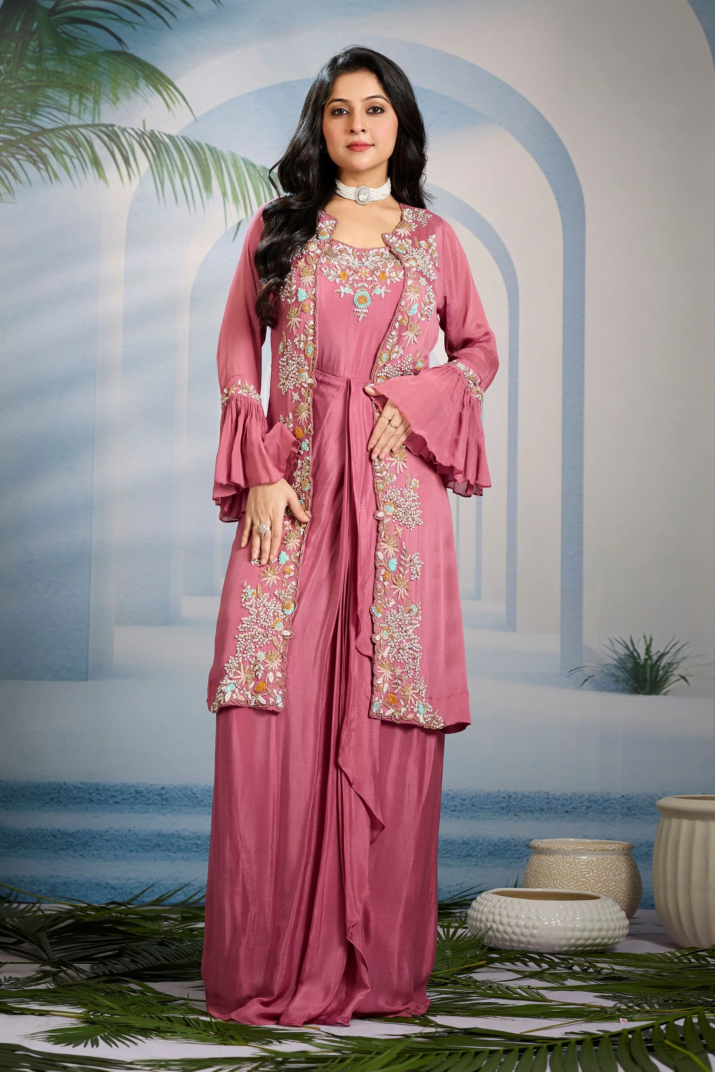 Chic Pink Embellished Chinon Silk Cape Gown - Image 4
