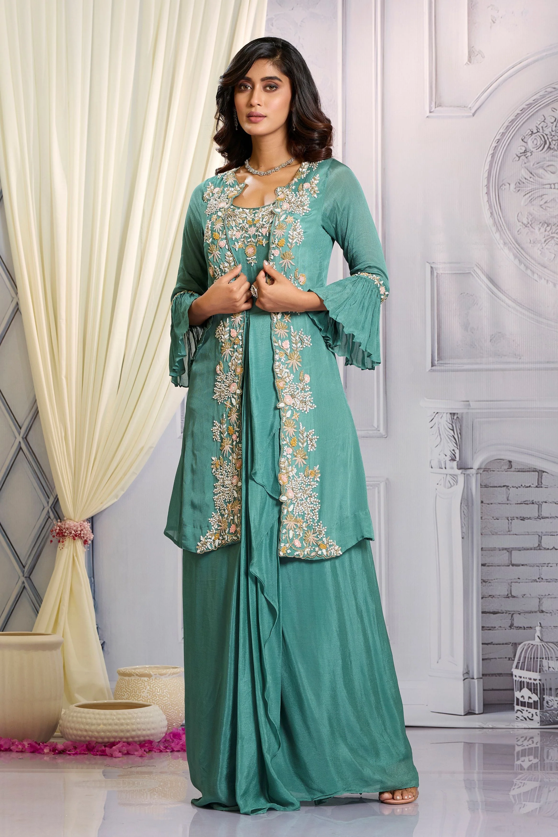 Teal Green Embellished Chinon Silk Cape Gown - Image 3