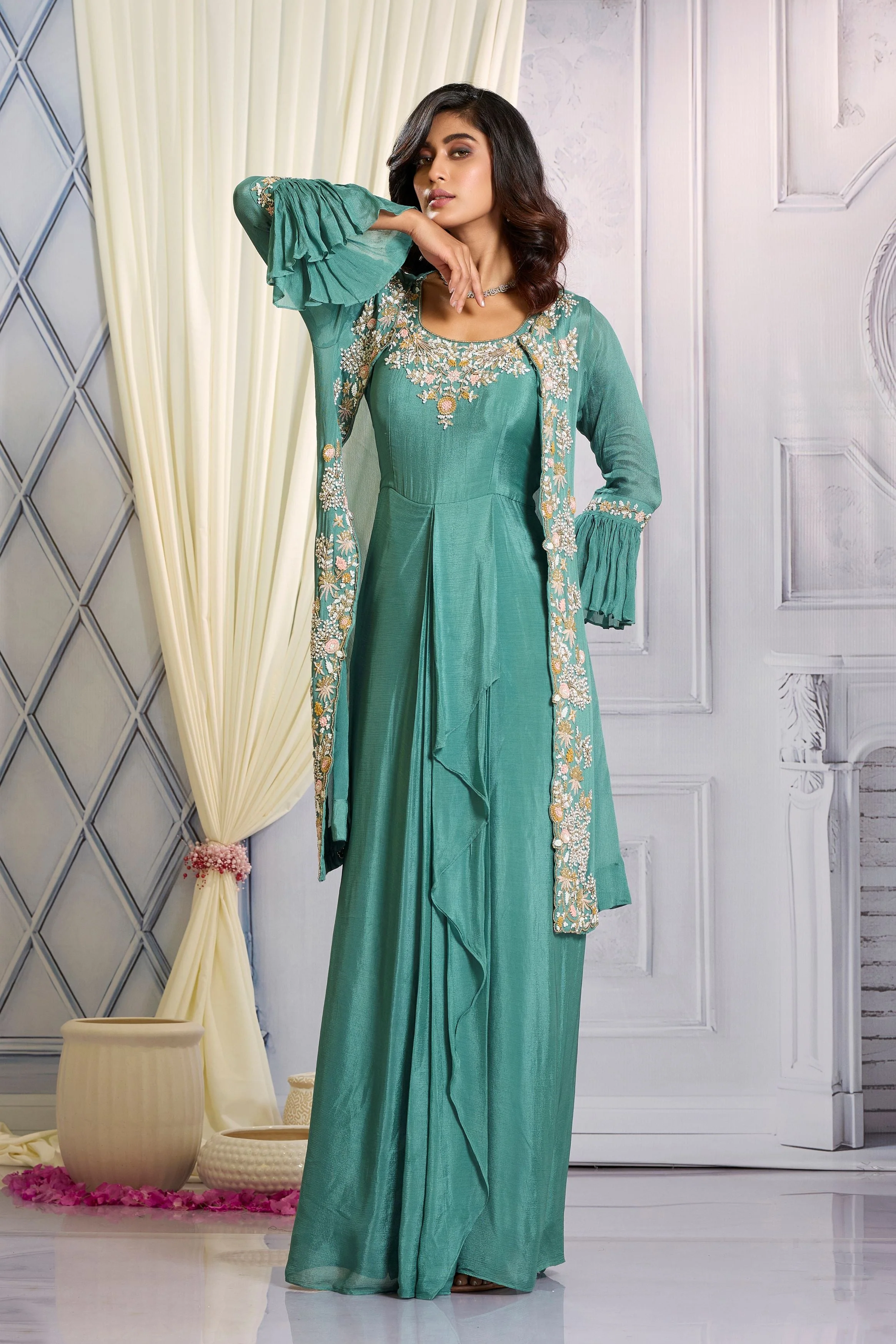 Teal Green Embellished Chinon Silk Cape Gown - Image 4