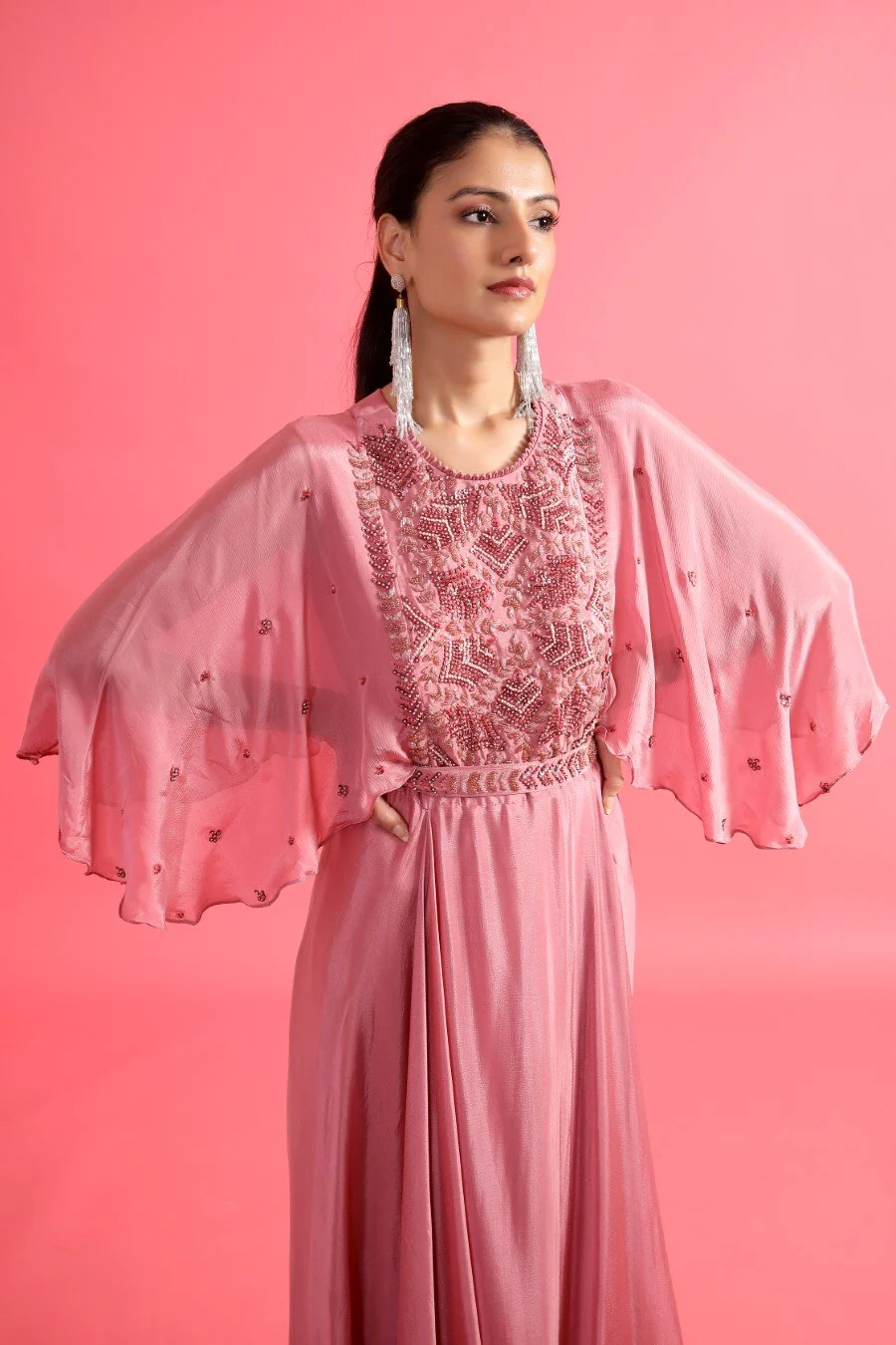 Chic Pink Embellished Chinon Silk Gown with Belt - Image 2