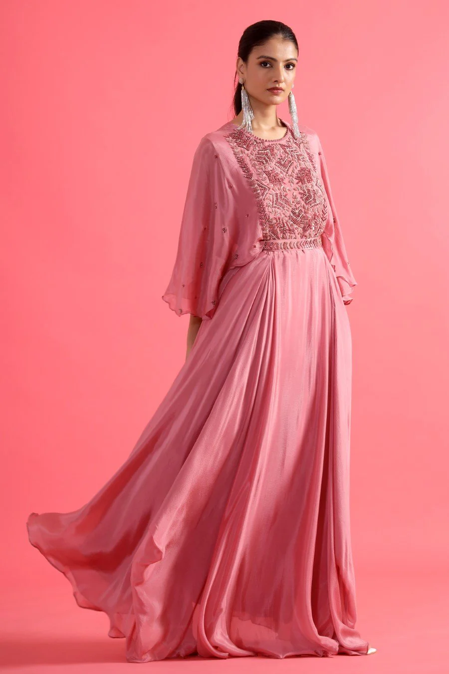 Chic Pink Embellished Chinon Silk Gown with Belt - Image 3