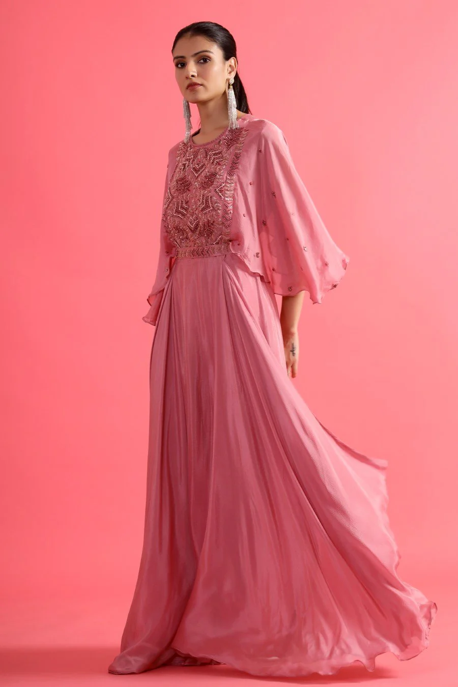 Chic Pink Embellished Chinon Silk Gown with Belt - Image 4