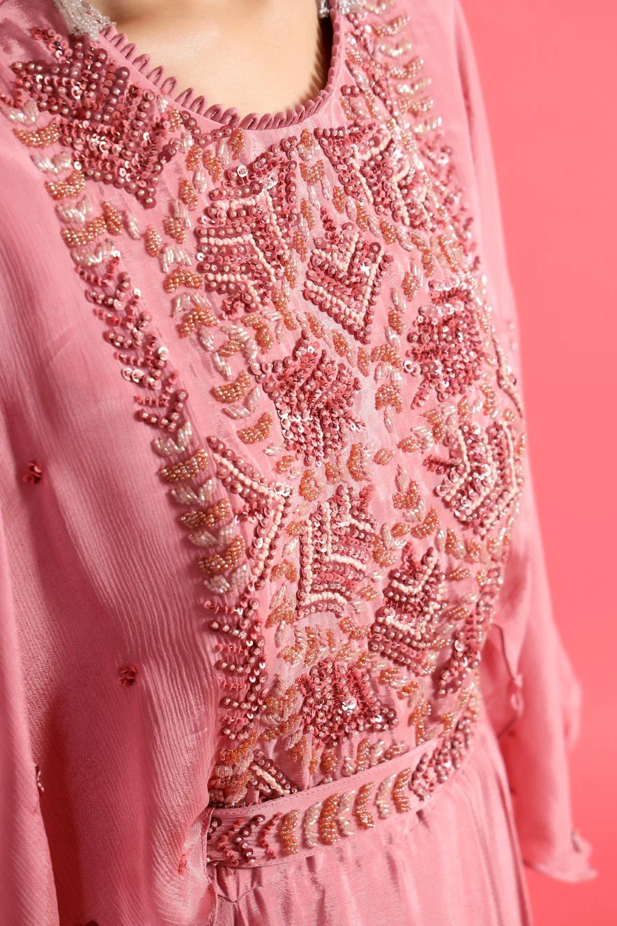 Chic Pink Embellished Chinon Silk Gown with Belt - Image 5