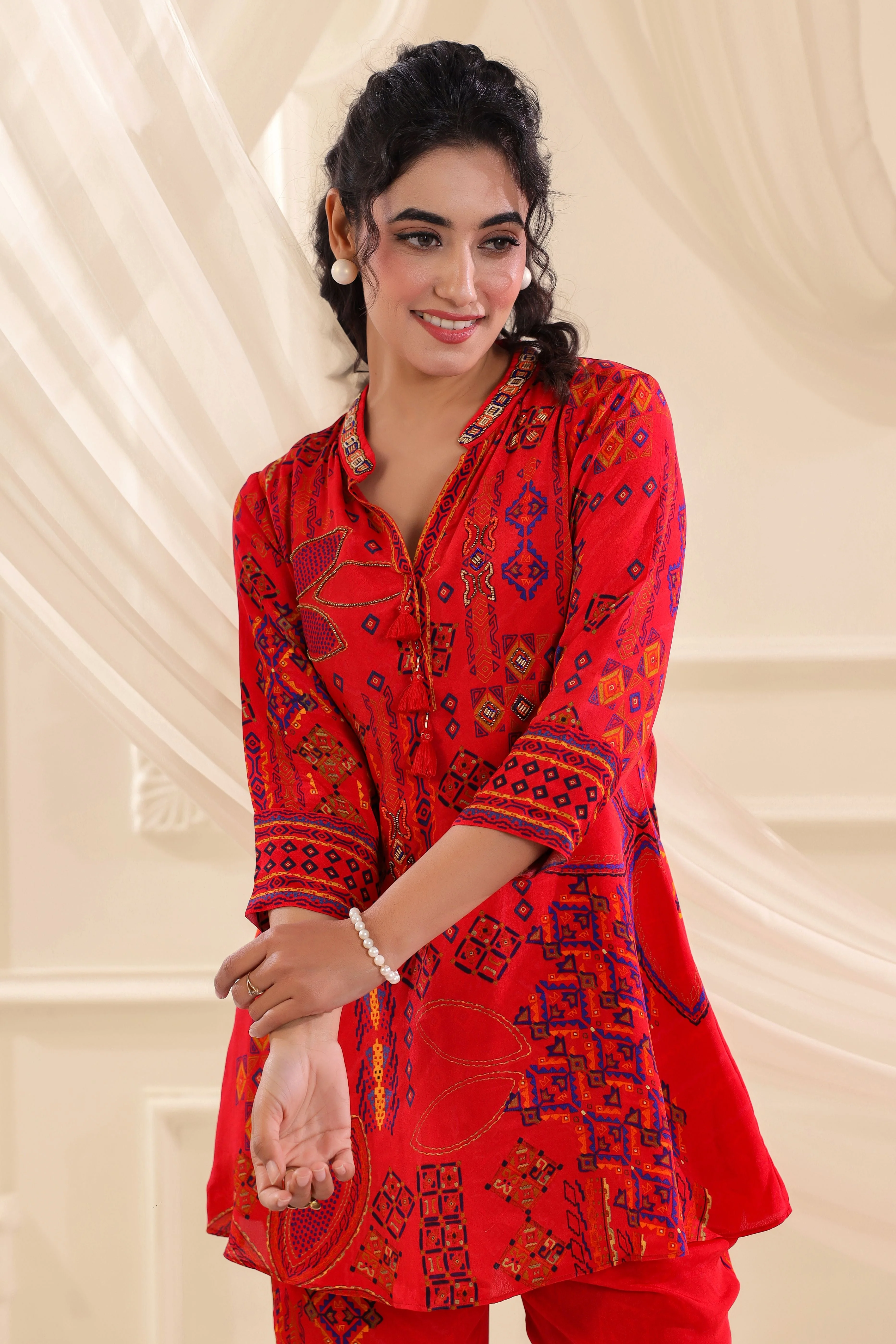 Chilli Red Printed Crepe Silk Co-Ord Set - Image 2