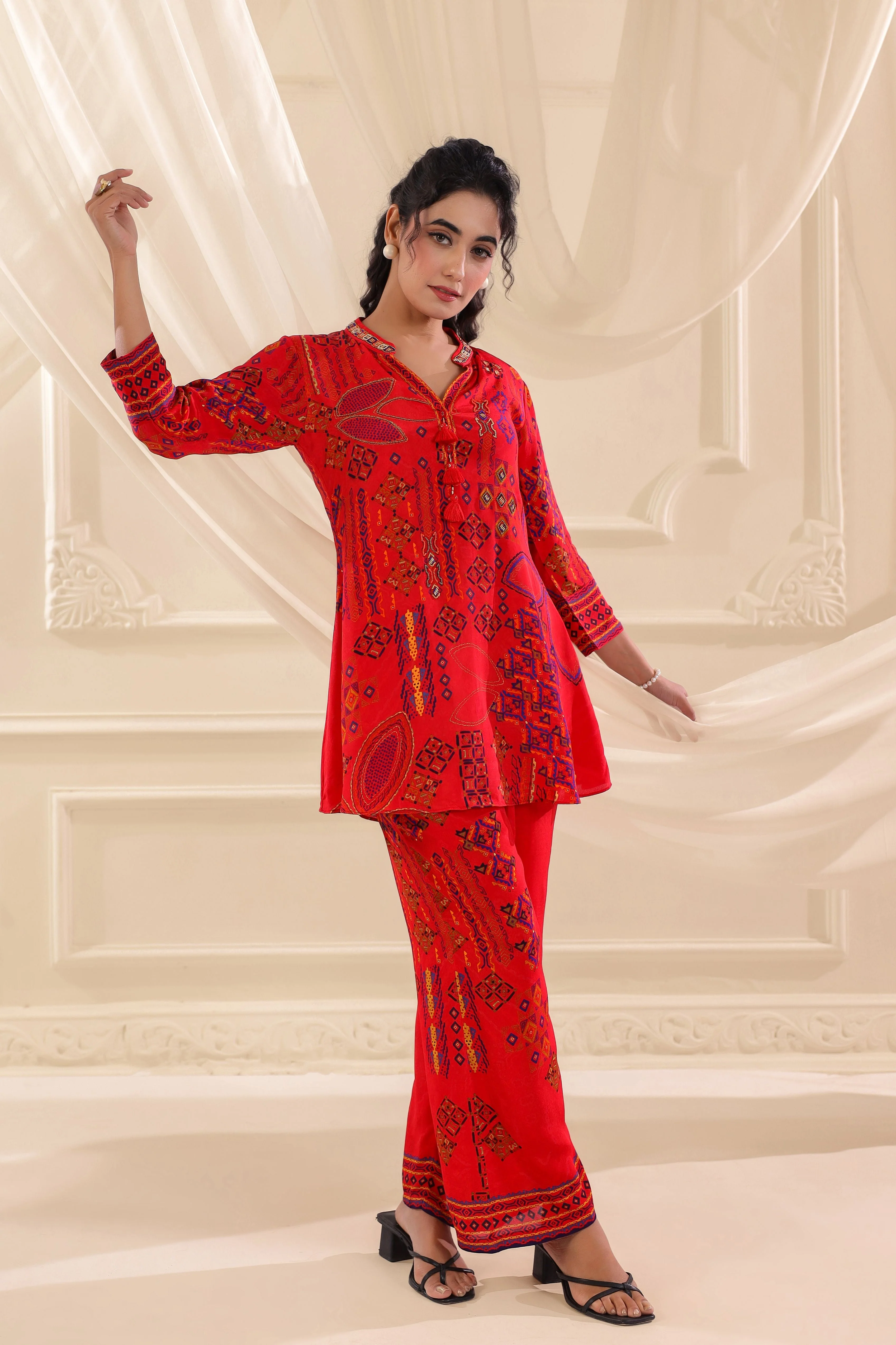 Chilli Red Printed Crepe Silk Co-Ord Set - Image 3