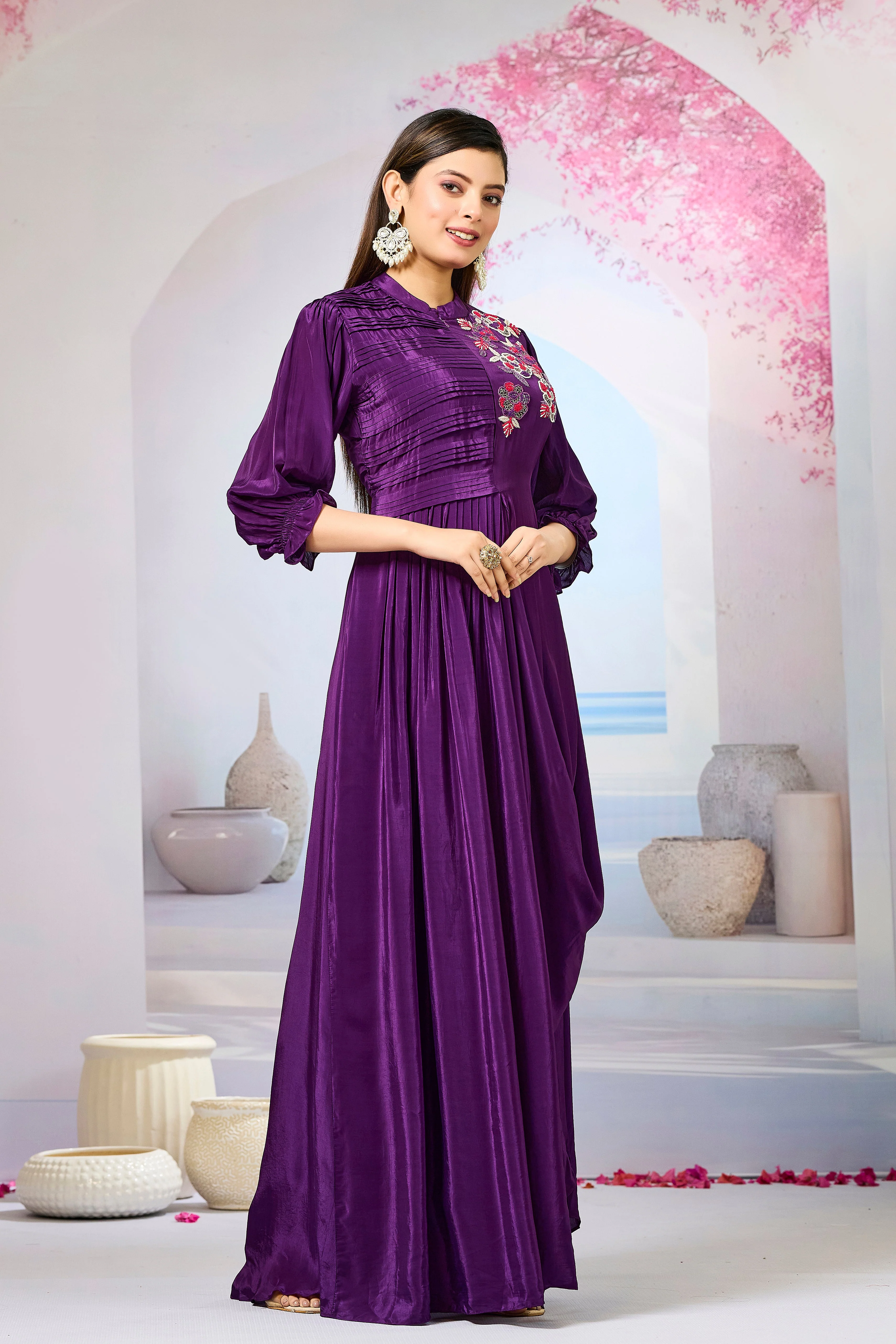 Violet Crepe Silk Cowl Gown - Image 3