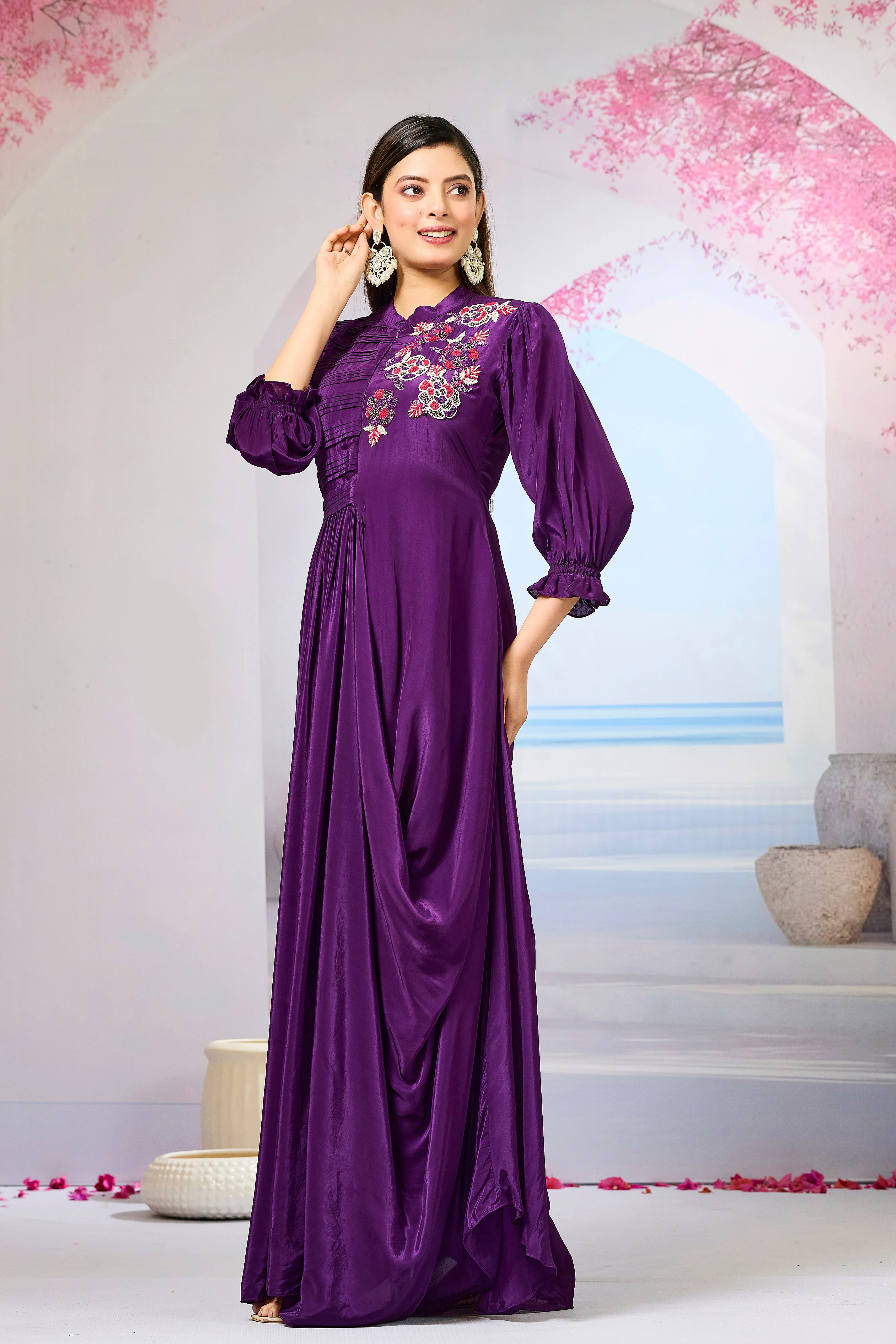 Violet Crepe Silk Cowl Gown - Image 5