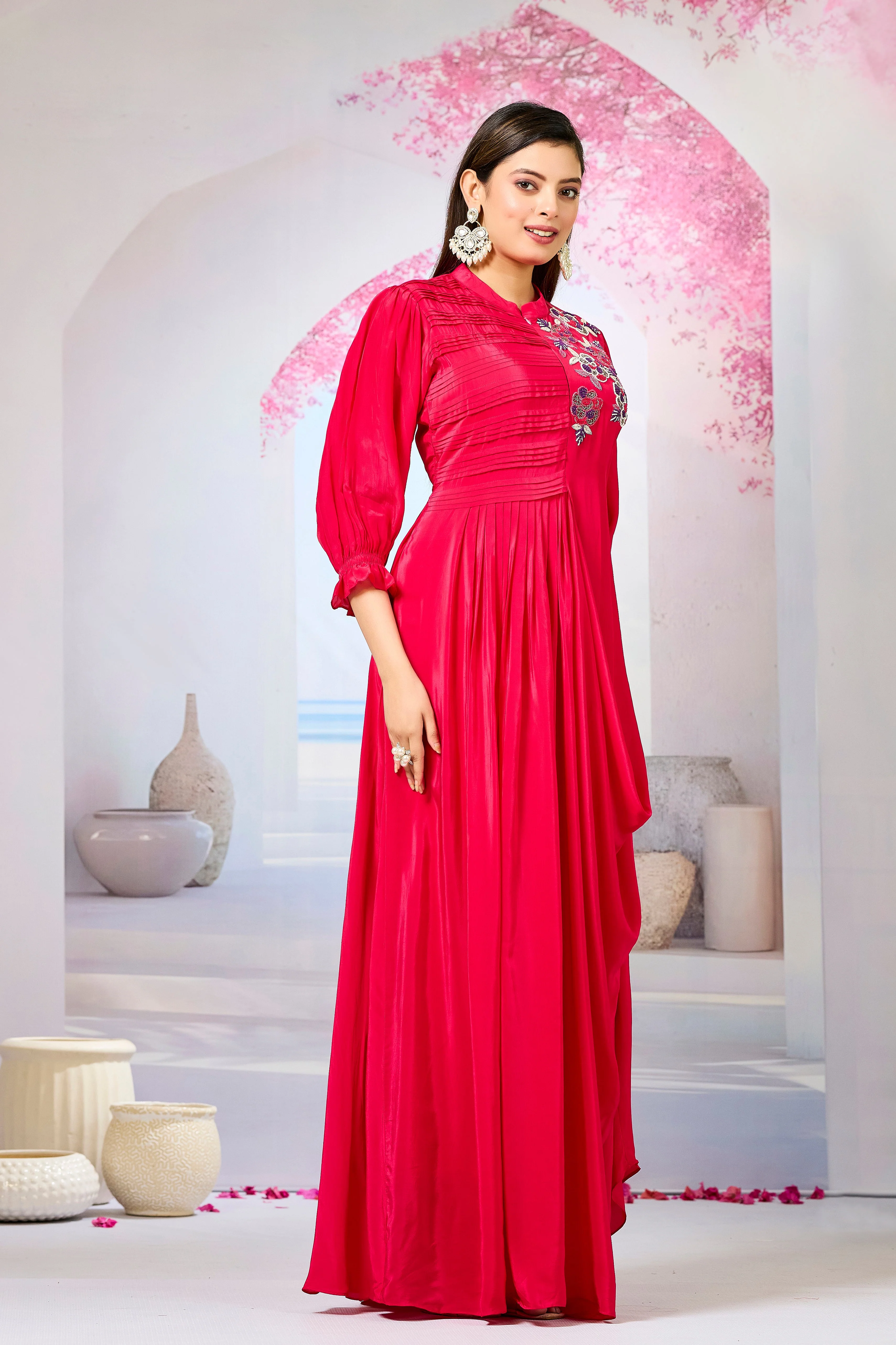 Red Crepe Silk Cowl Gown - Image 2