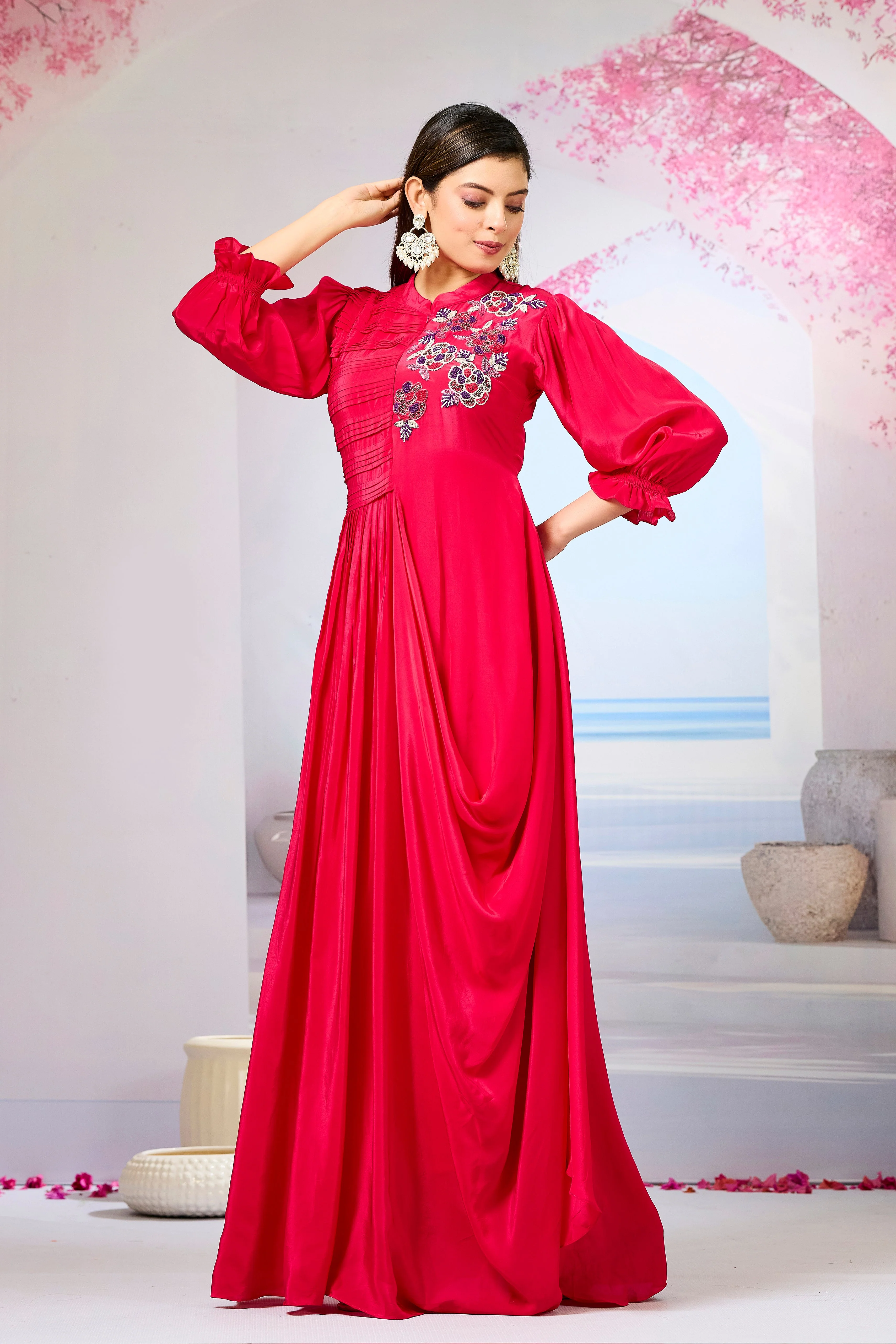 Red Crepe Silk Cowl Gown - Image 3