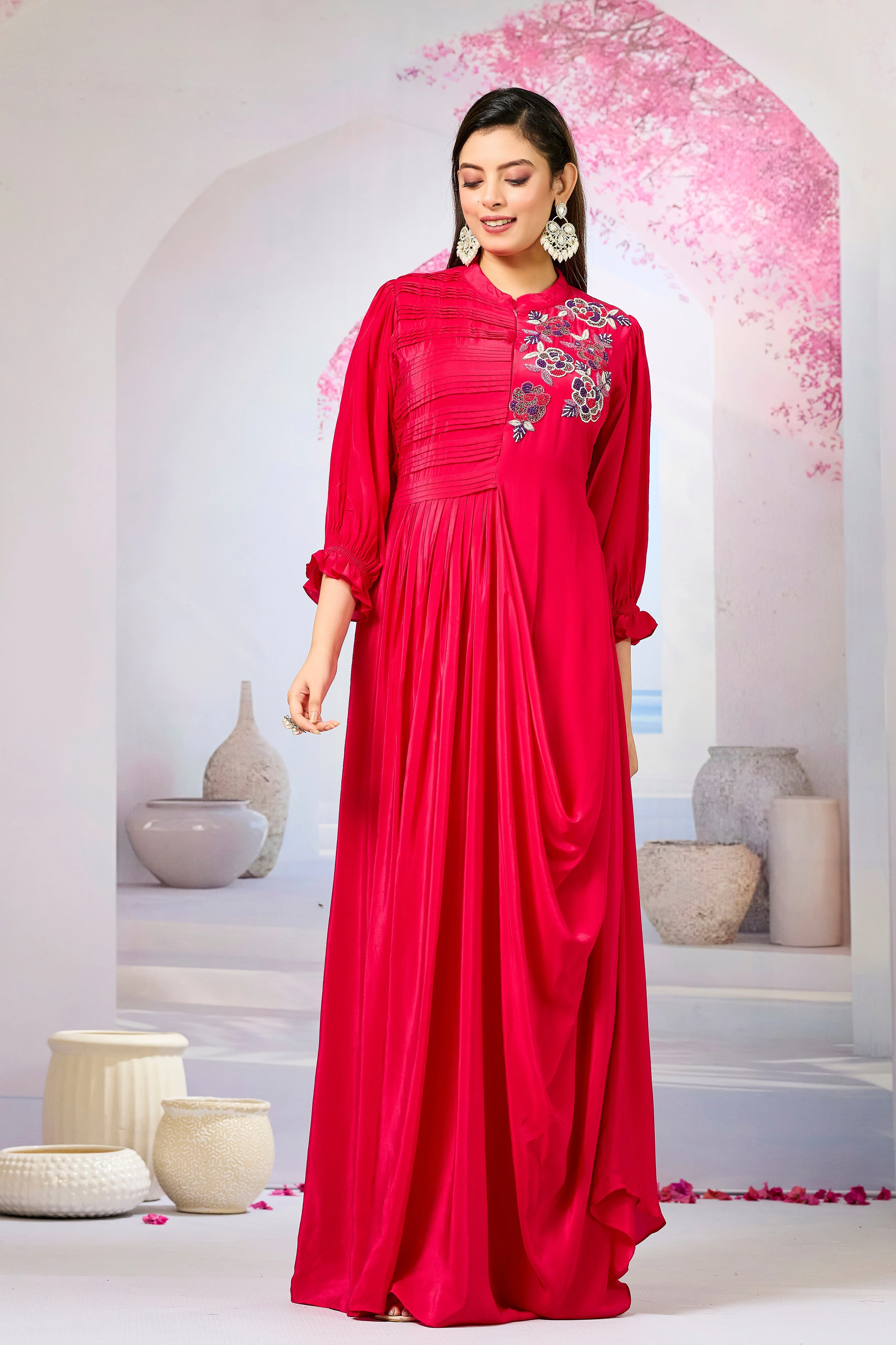 Red Crepe Silk Cowl Gown - Image 4