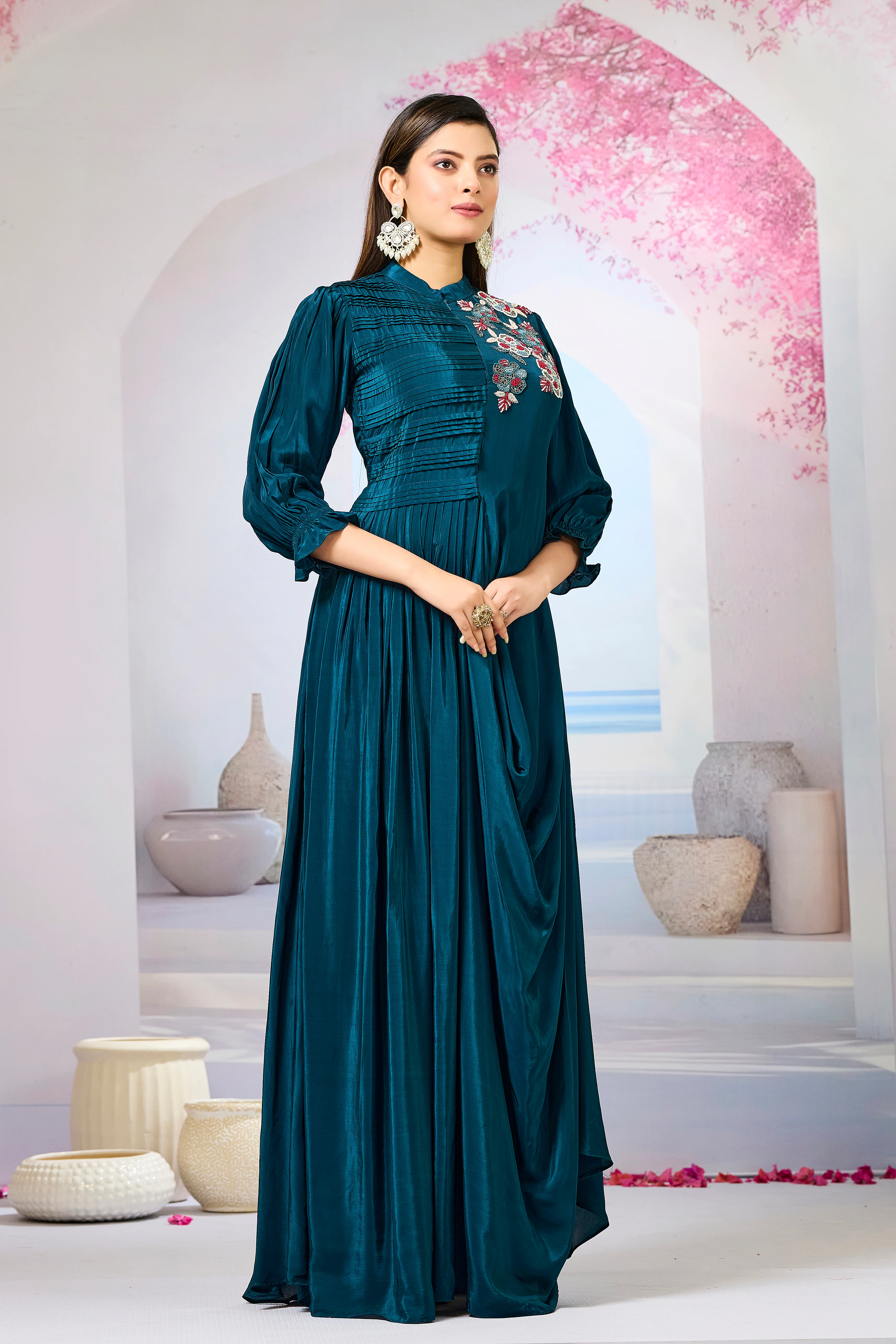 Deep Teal Crepe Silk Cowl Gown - Image 2