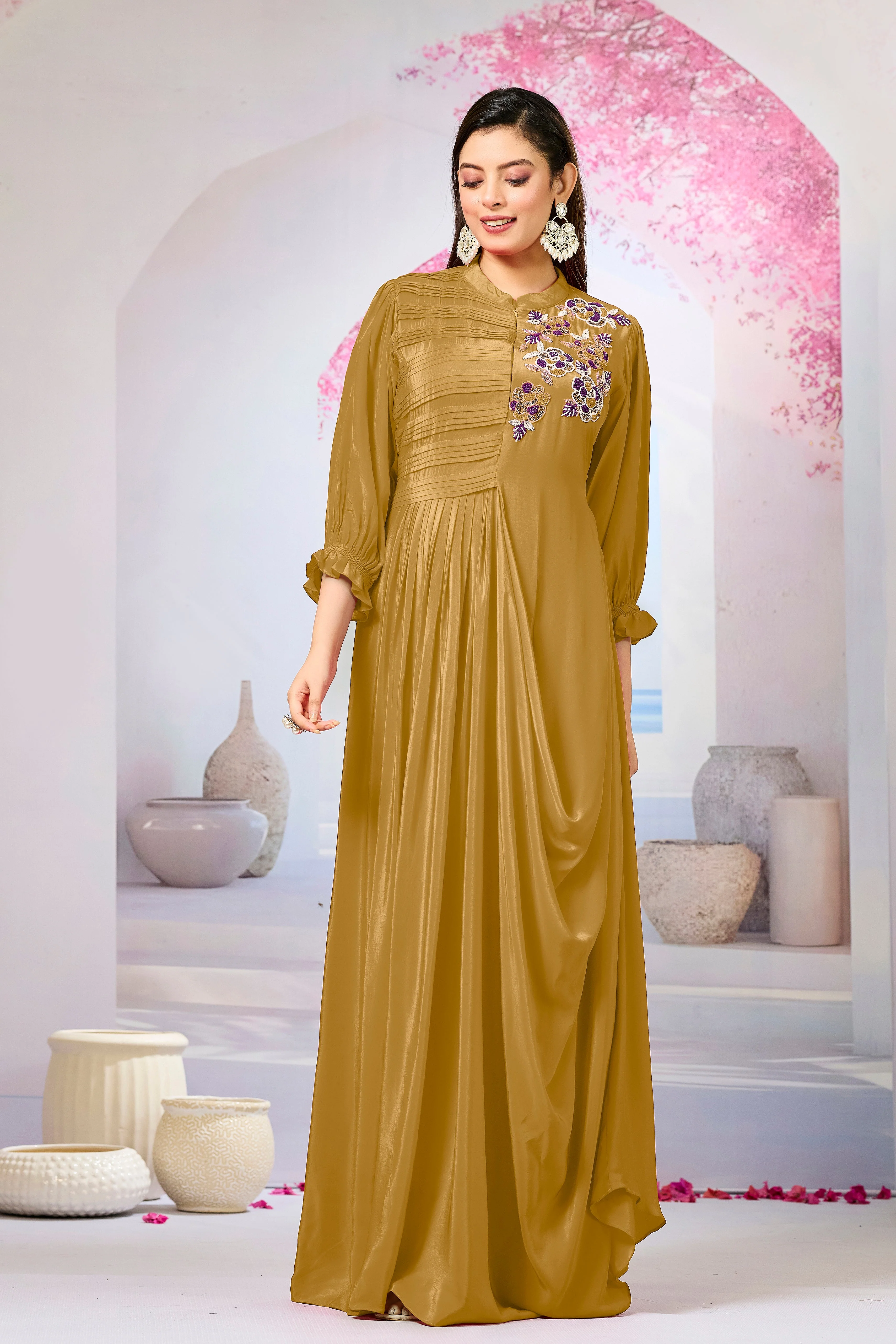 Bronze Crepe Silk Cowl Gown - Image 4