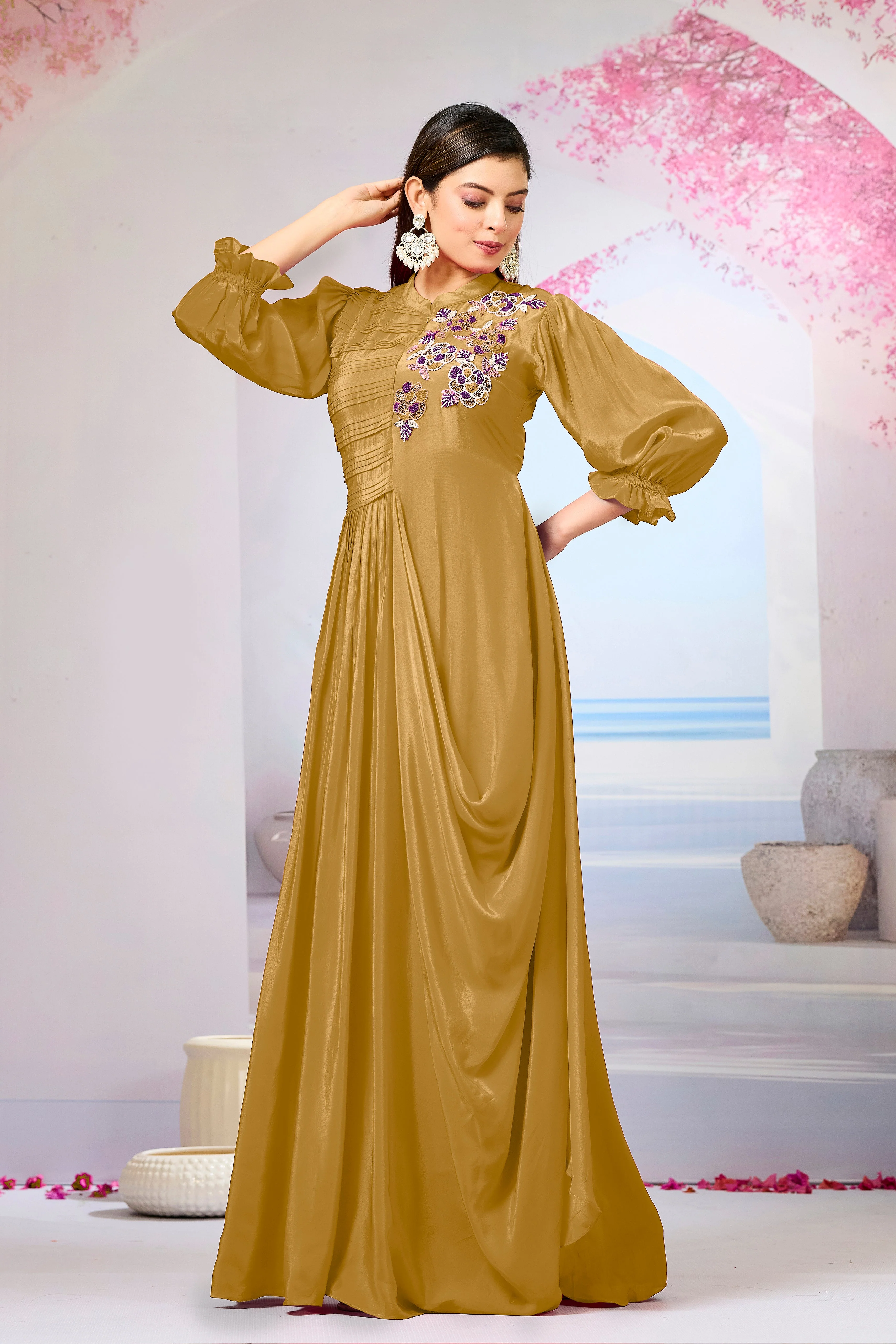 Bronze Crepe Silk Cowl Gown - Image 5
