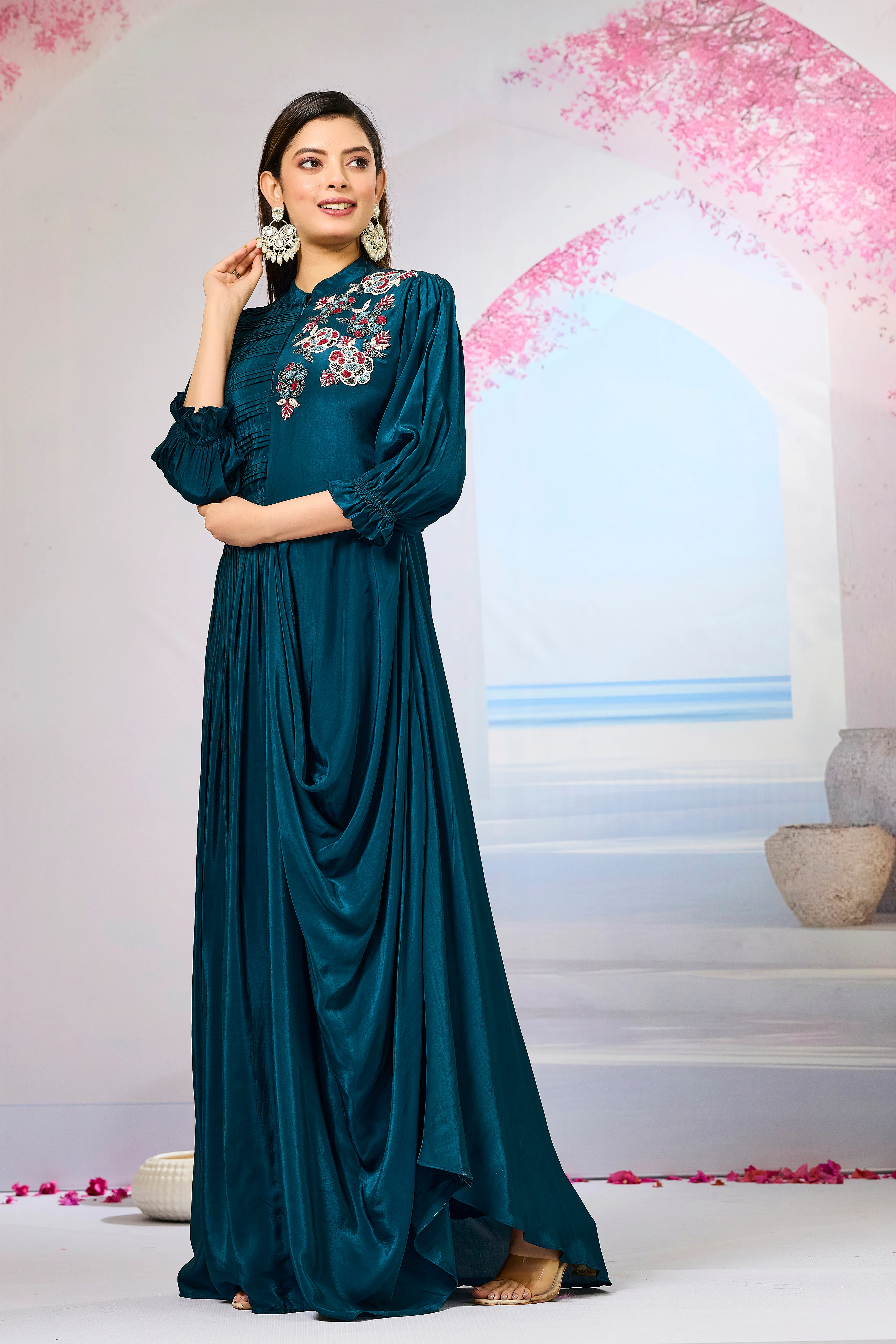 Deep Teal Crepe Silk Cowl Gown - Image 3