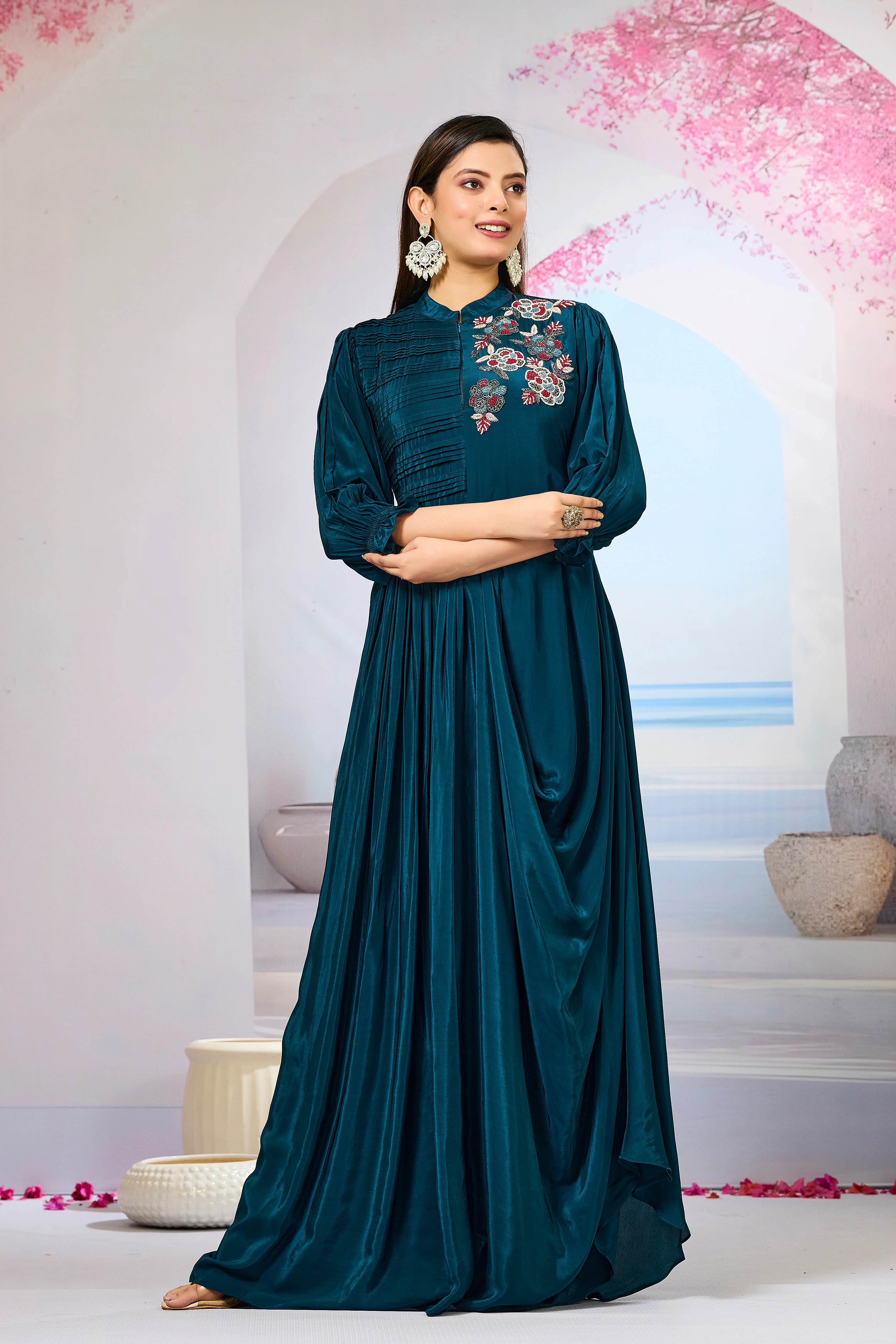 Deep Teal Crepe Silk Cowl Gown - Image 4