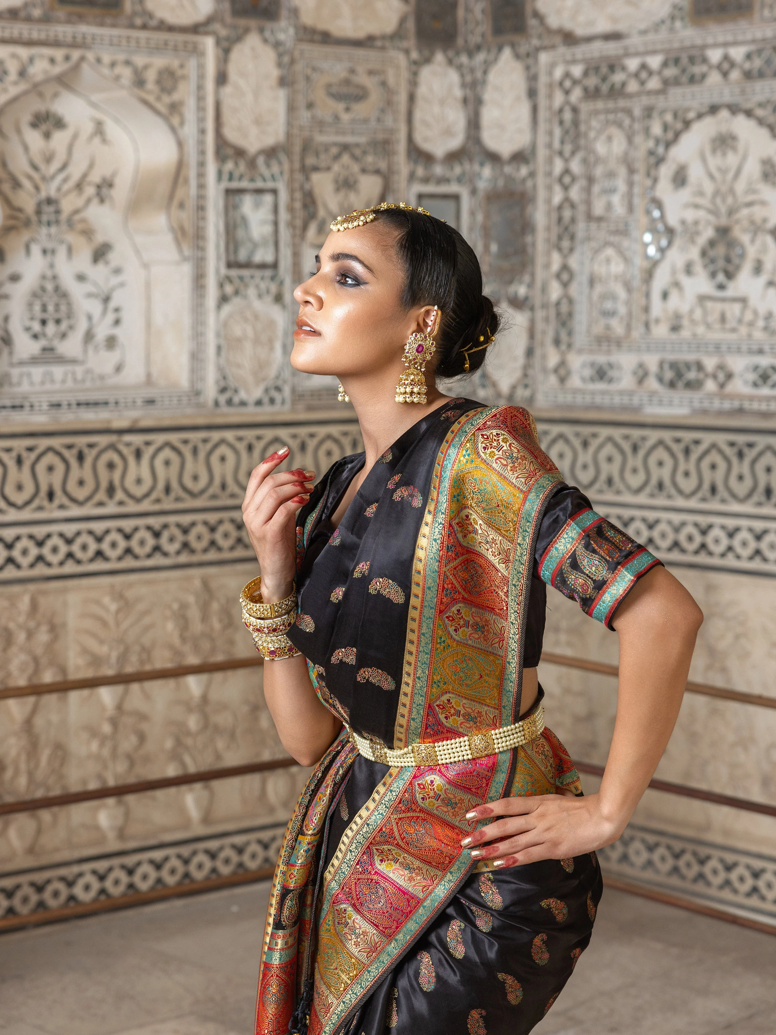 Nightingale Black Traditional Printed Gajji Silk Saree - Image 5