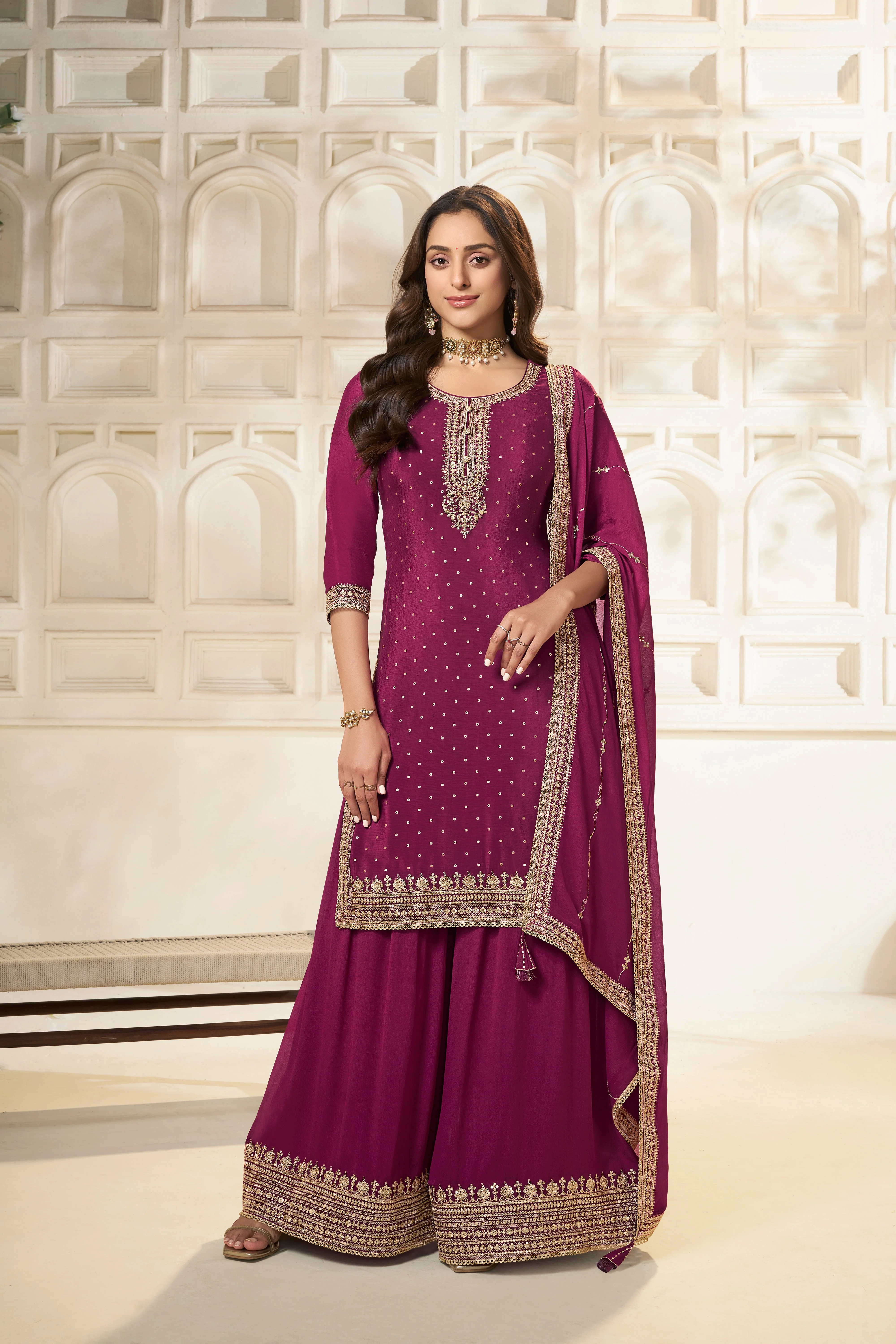 Wine Chinon Silk Kurta & Divider Sharara Set