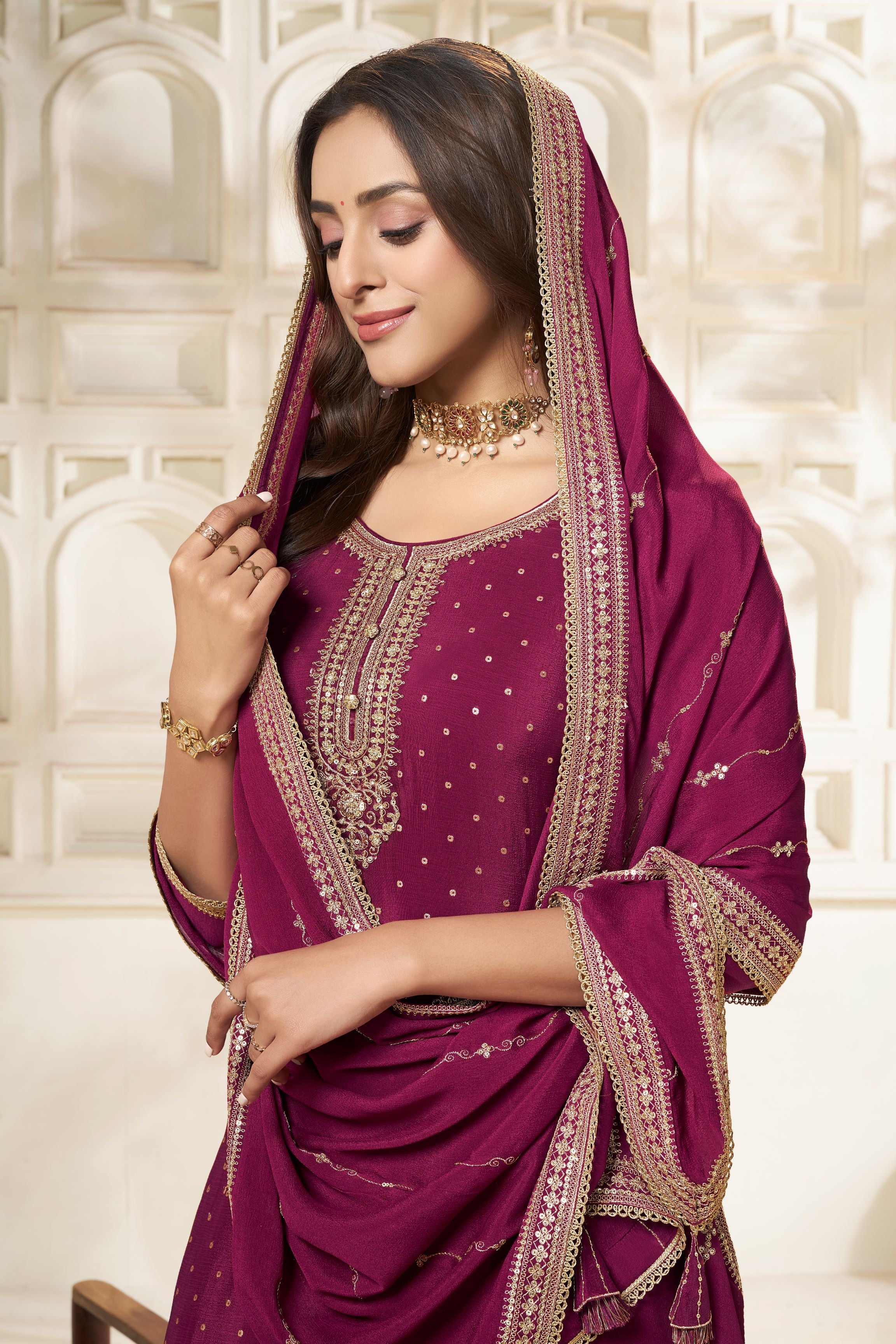 Wine Chinon Silk Kurta & Divider Sharara Set - Image 2