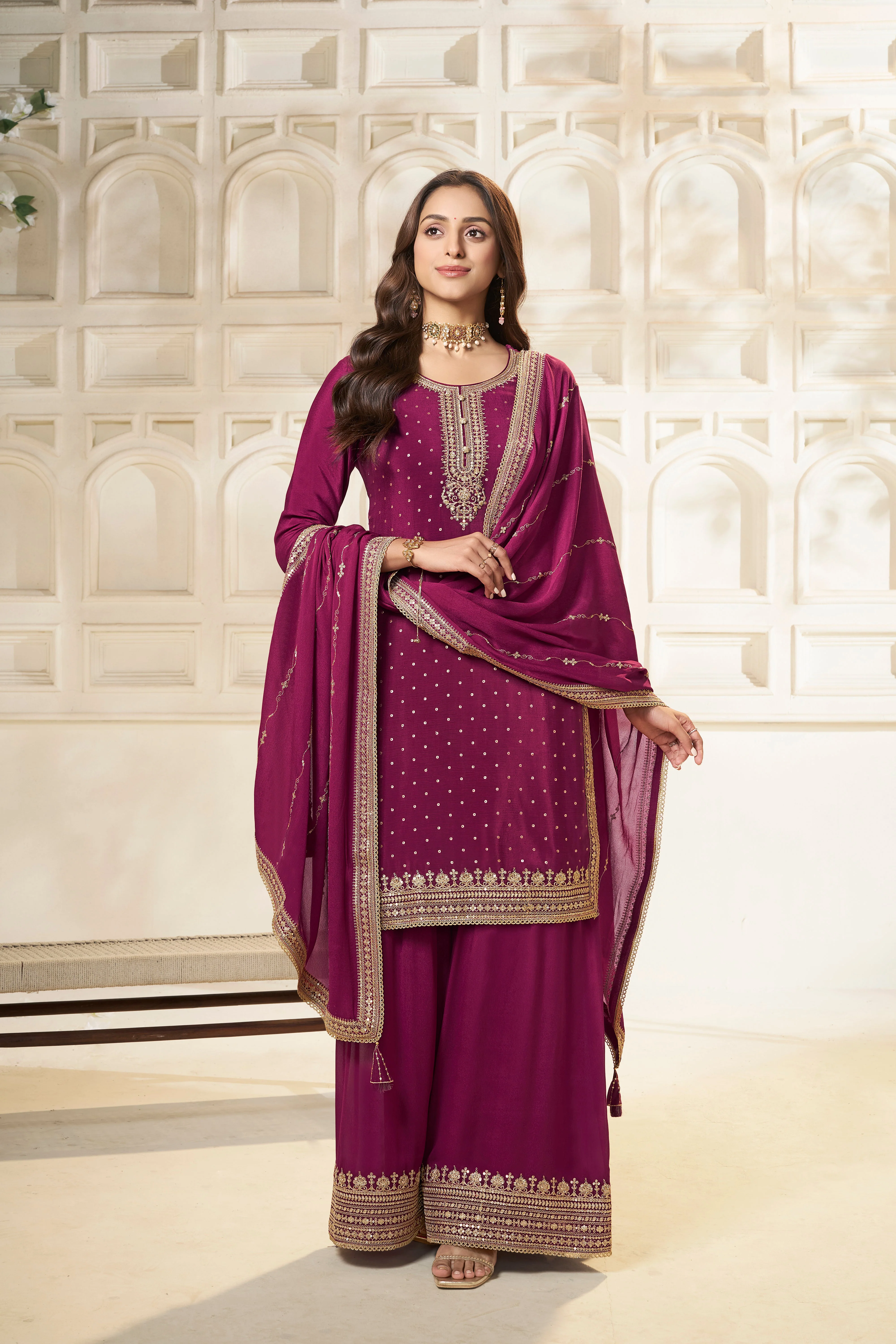 Wine Chinon Silk Kurta & Divider Sharara Set - Image 3