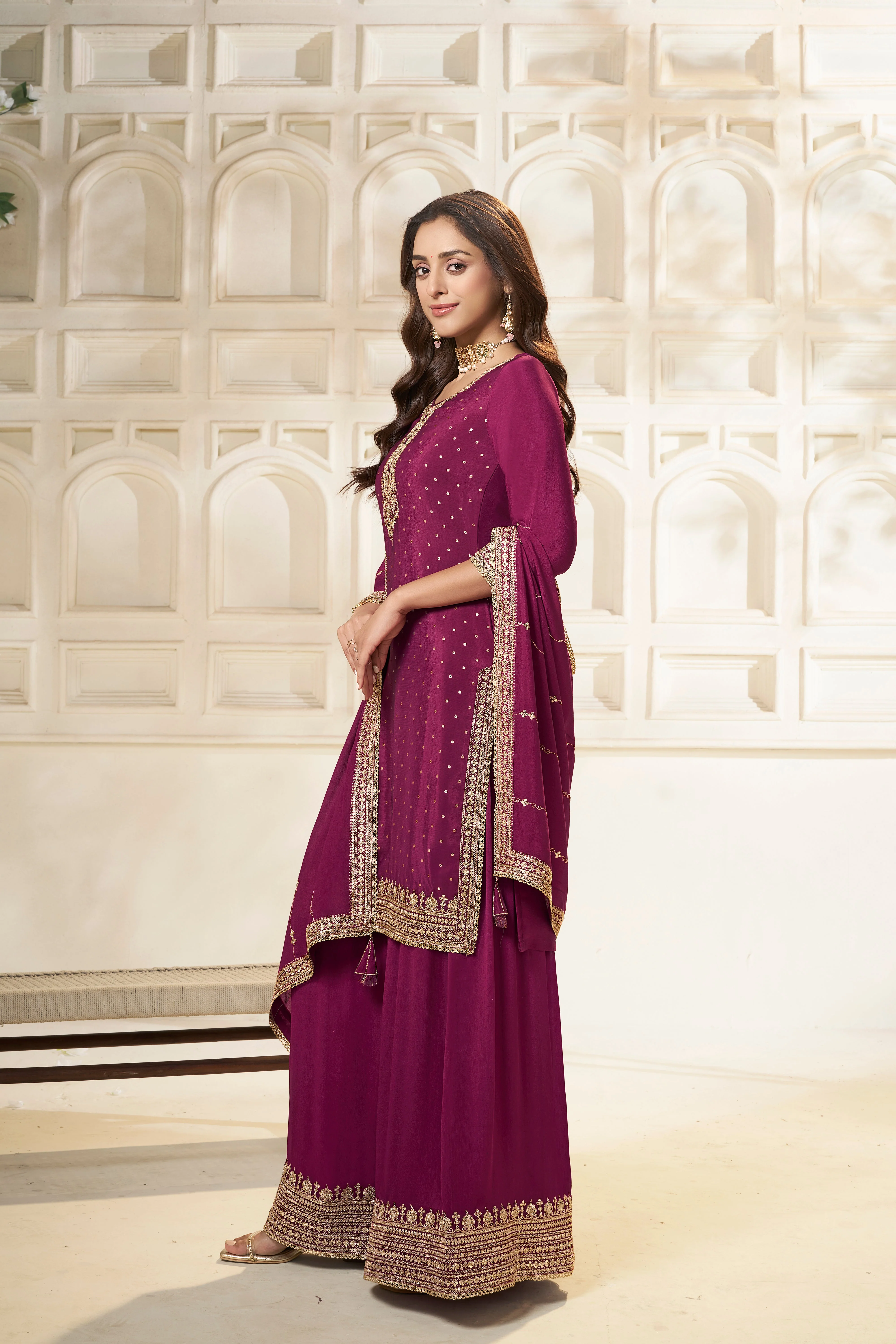 Wine Chinon Silk Kurta & Divider Sharara Set - Image 4
