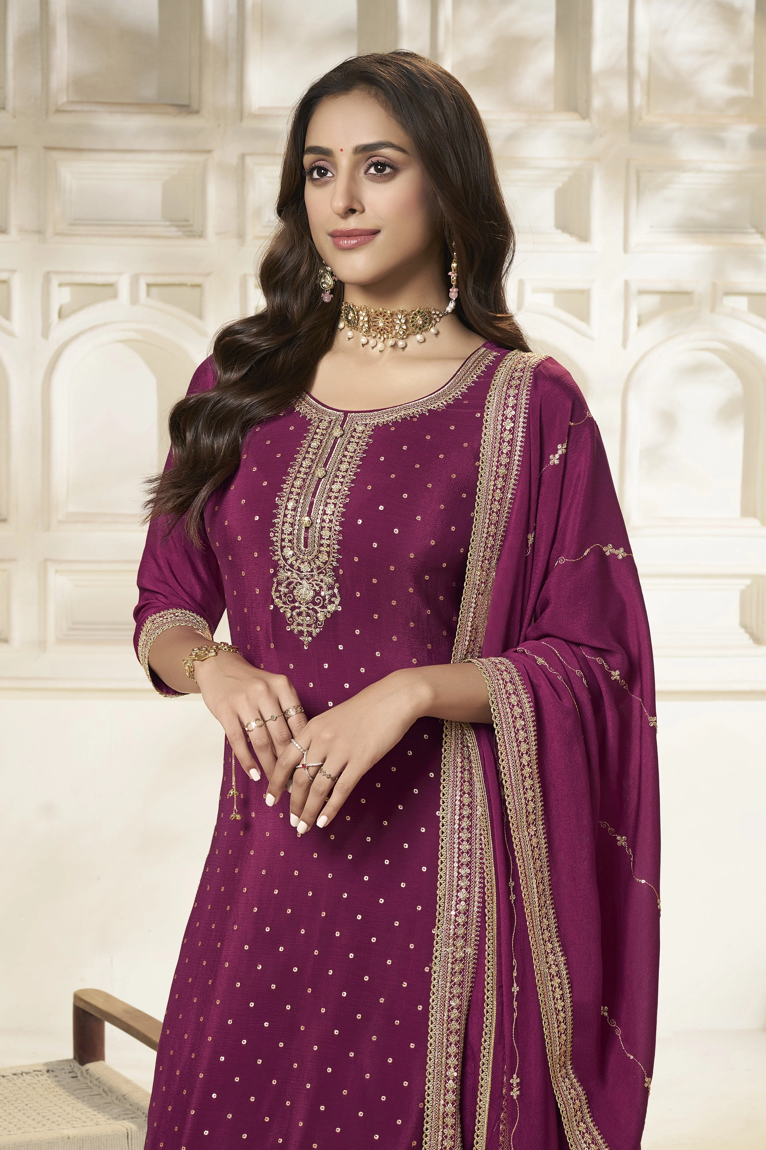 Wine Chinon Silk Kurta & Divider Sharara Set - Image 6