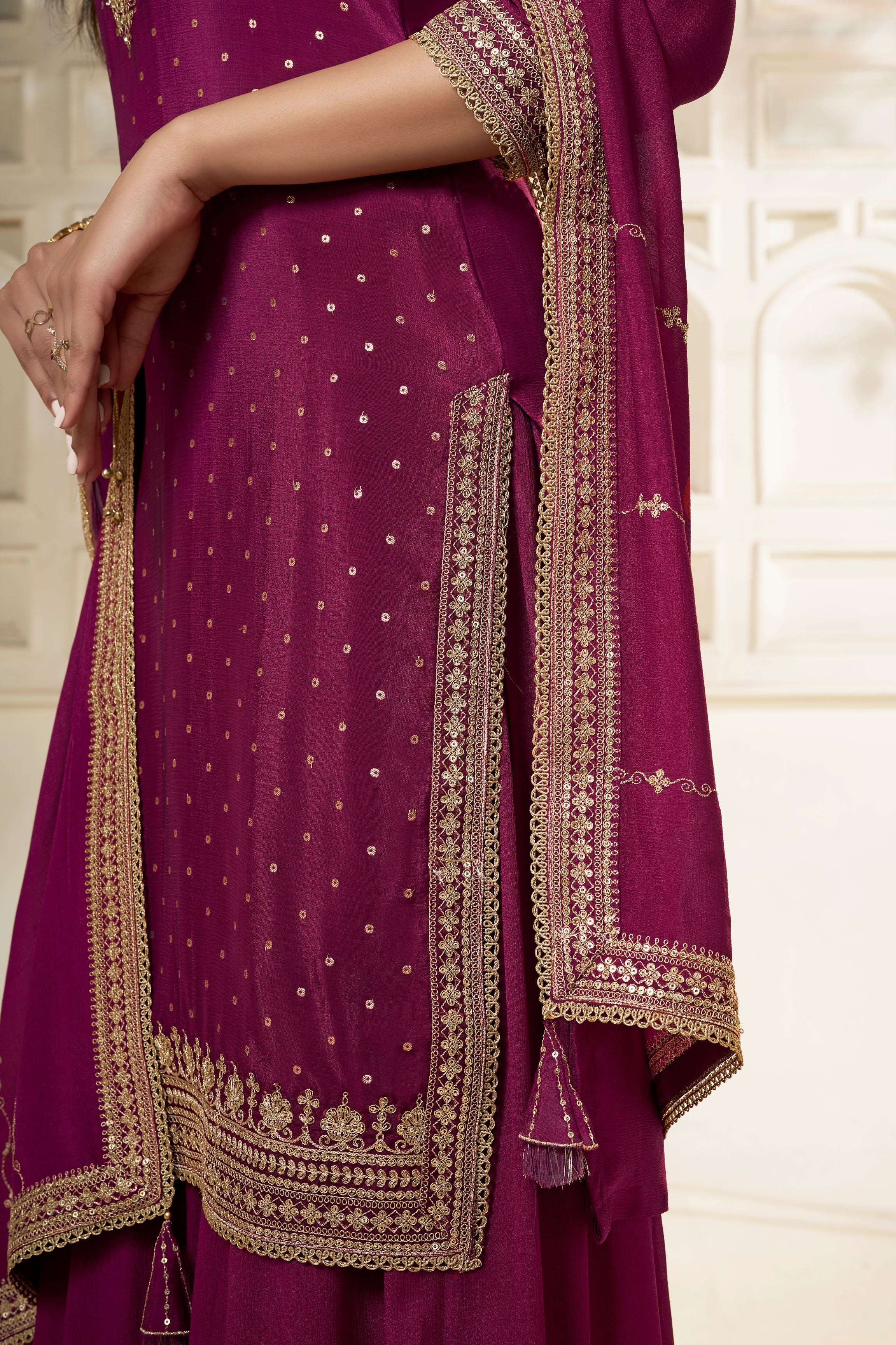 Wine Chinon Silk Kurta & Divider Sharara Set - Image 7