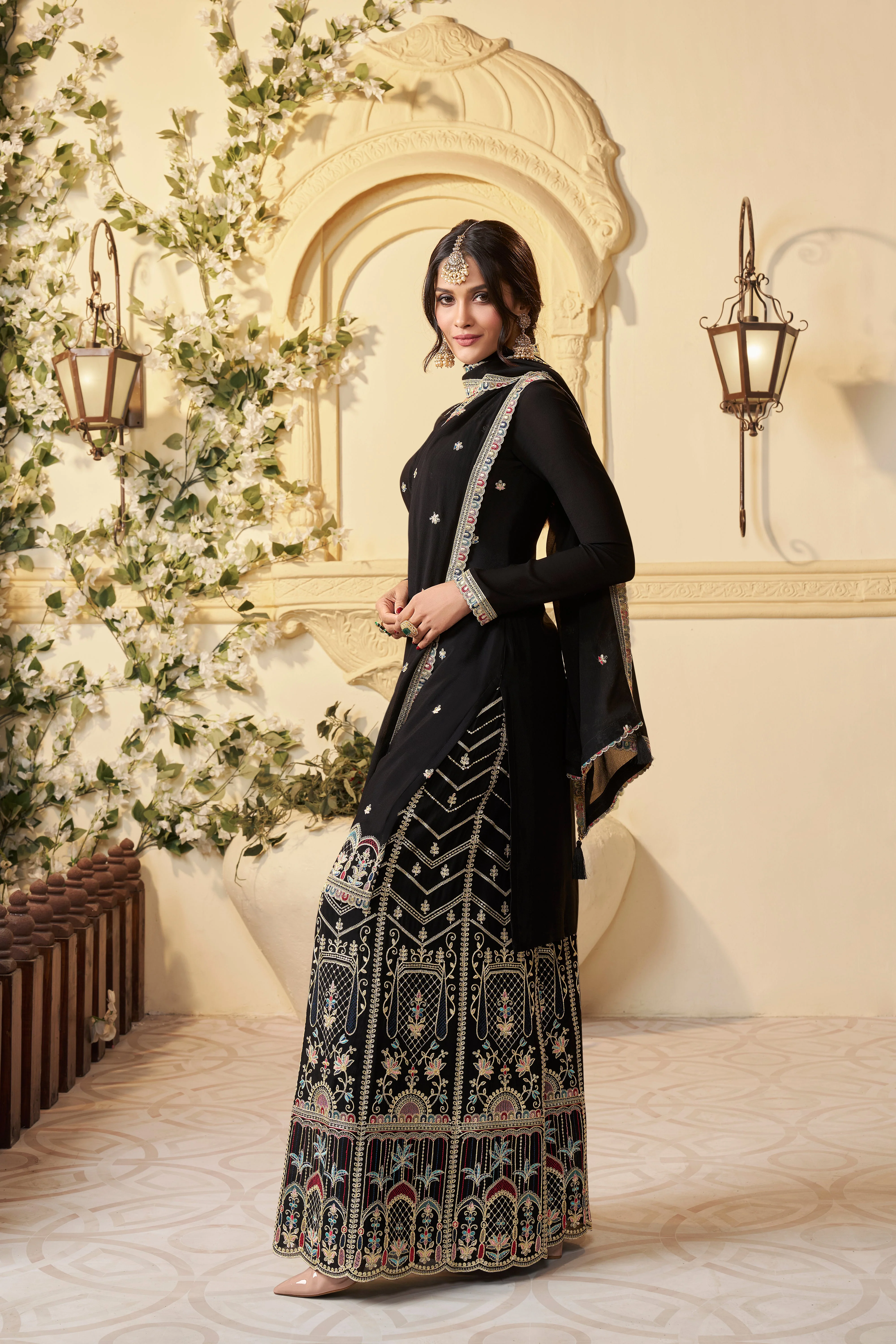 Black Chinon Silk Kurta & Palazzo Set - Image 3