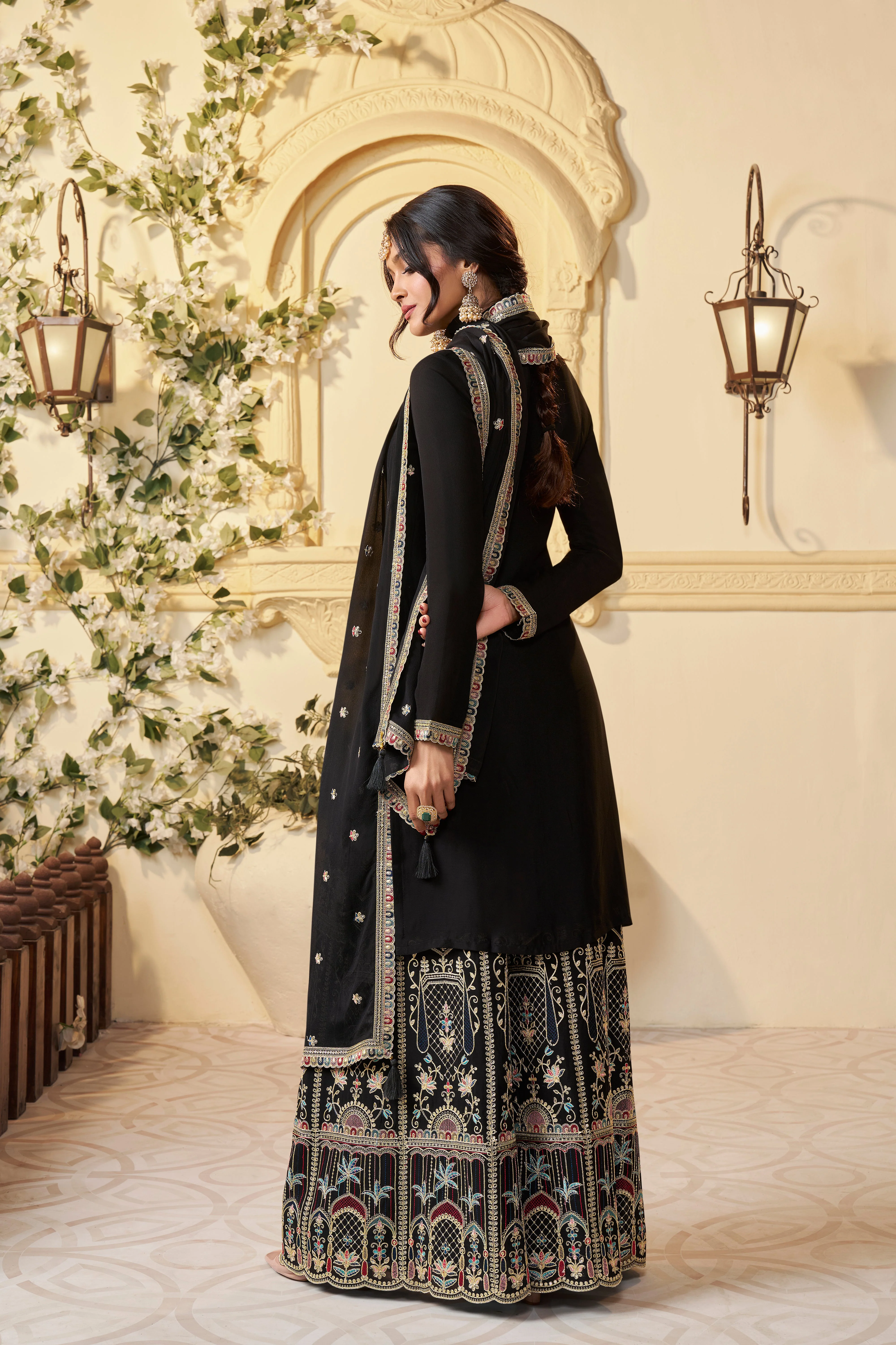 Black Chinon Silk Kurta & Palazzo Set - Image 4