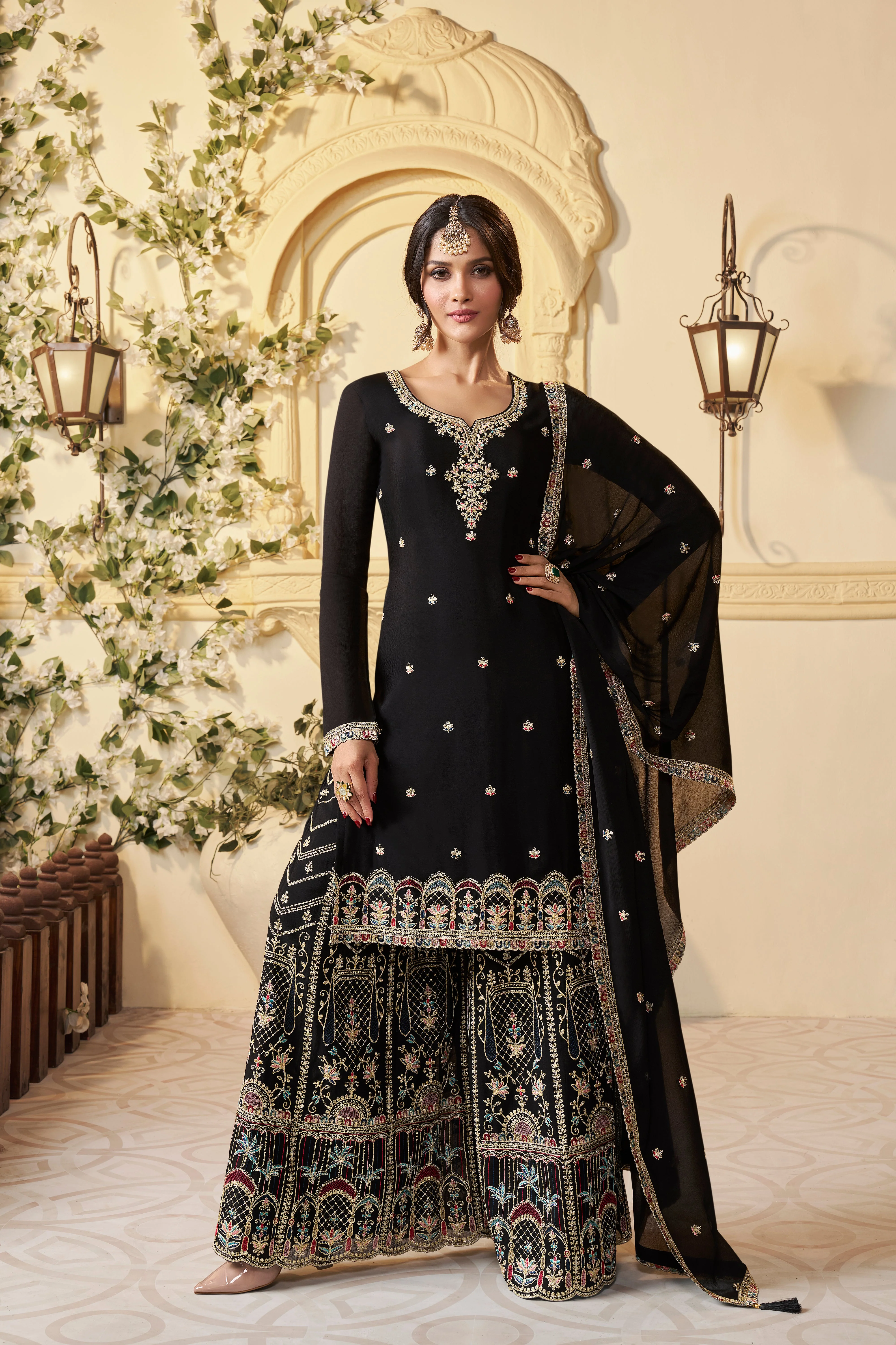 Black Chinon Silk Kurta & Palazzo Set - Image 5