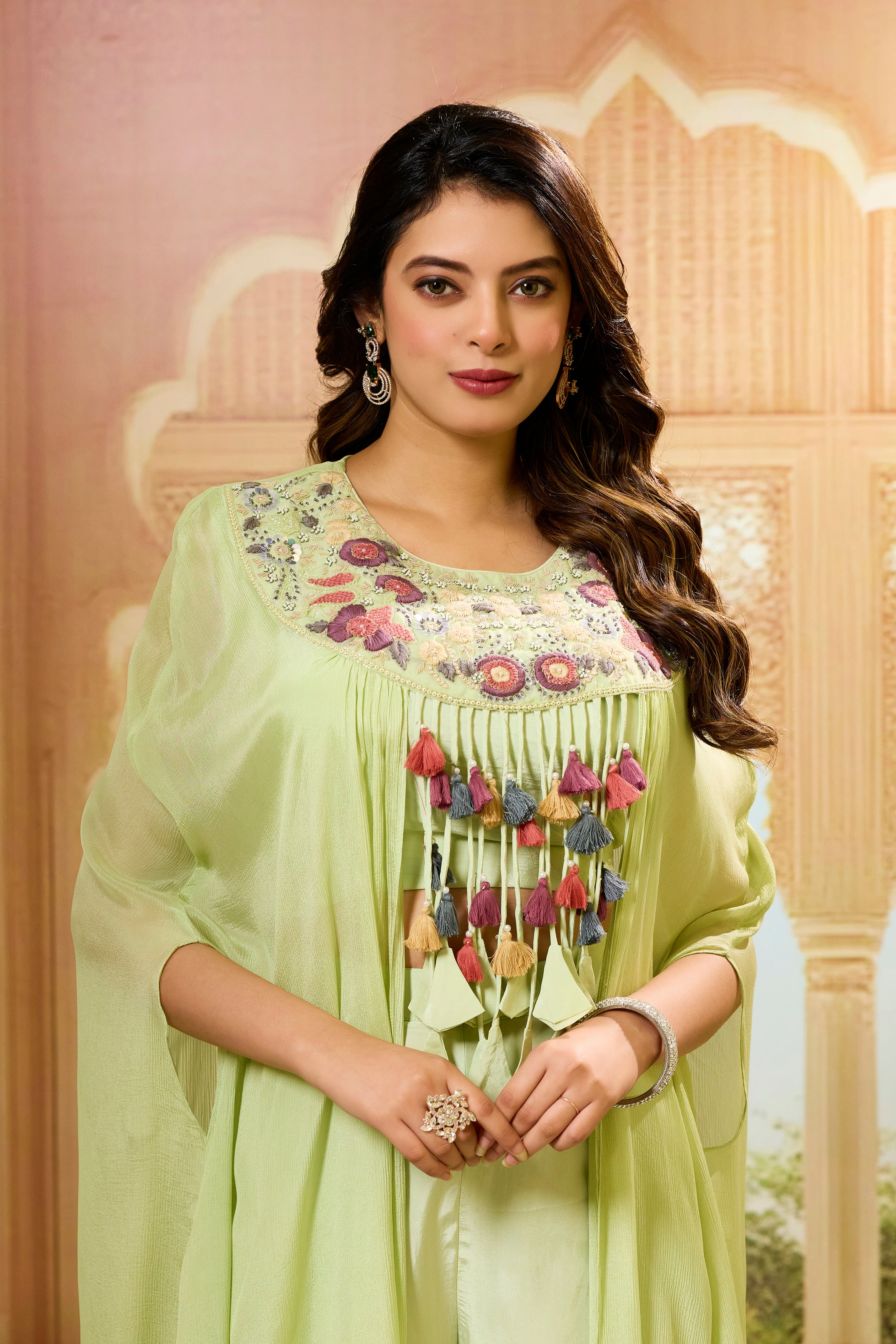 Green Handwork Chinon Silk Palazzo Set - Image 2