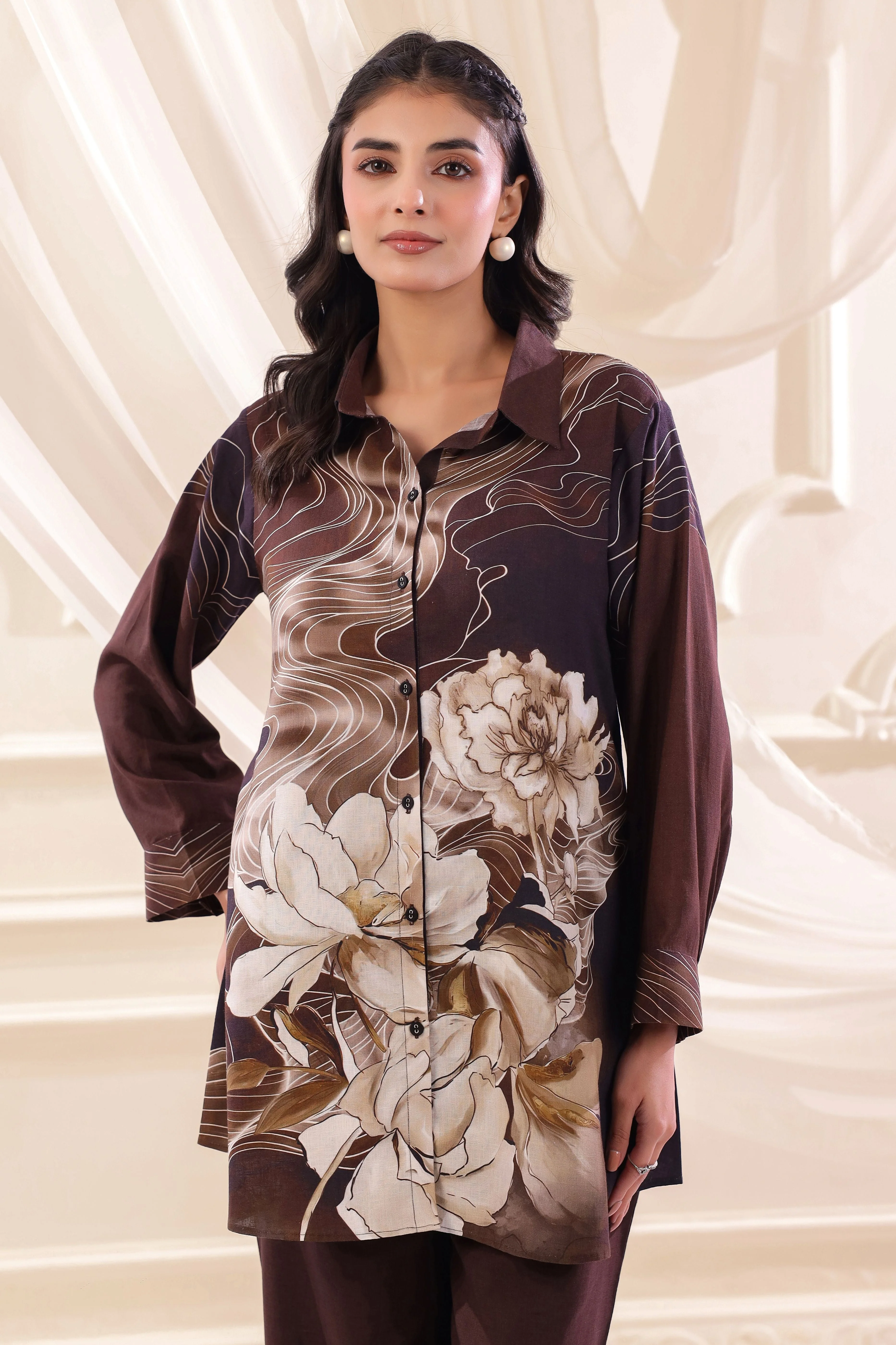Chocolate Brown Printed Linen Co-Ord Set - Image 2