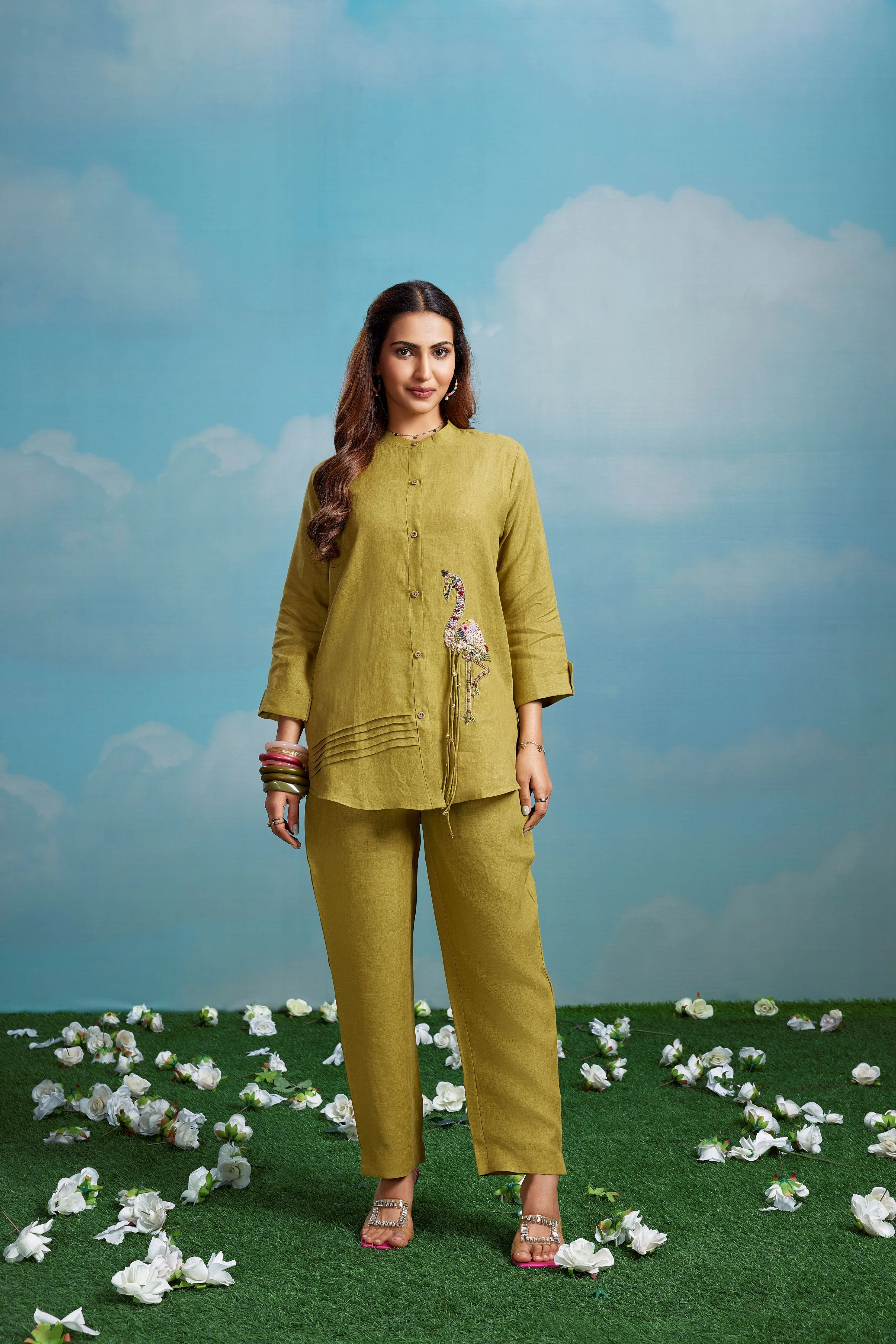 Citrine Green Embellished Linen Co-Ord Set