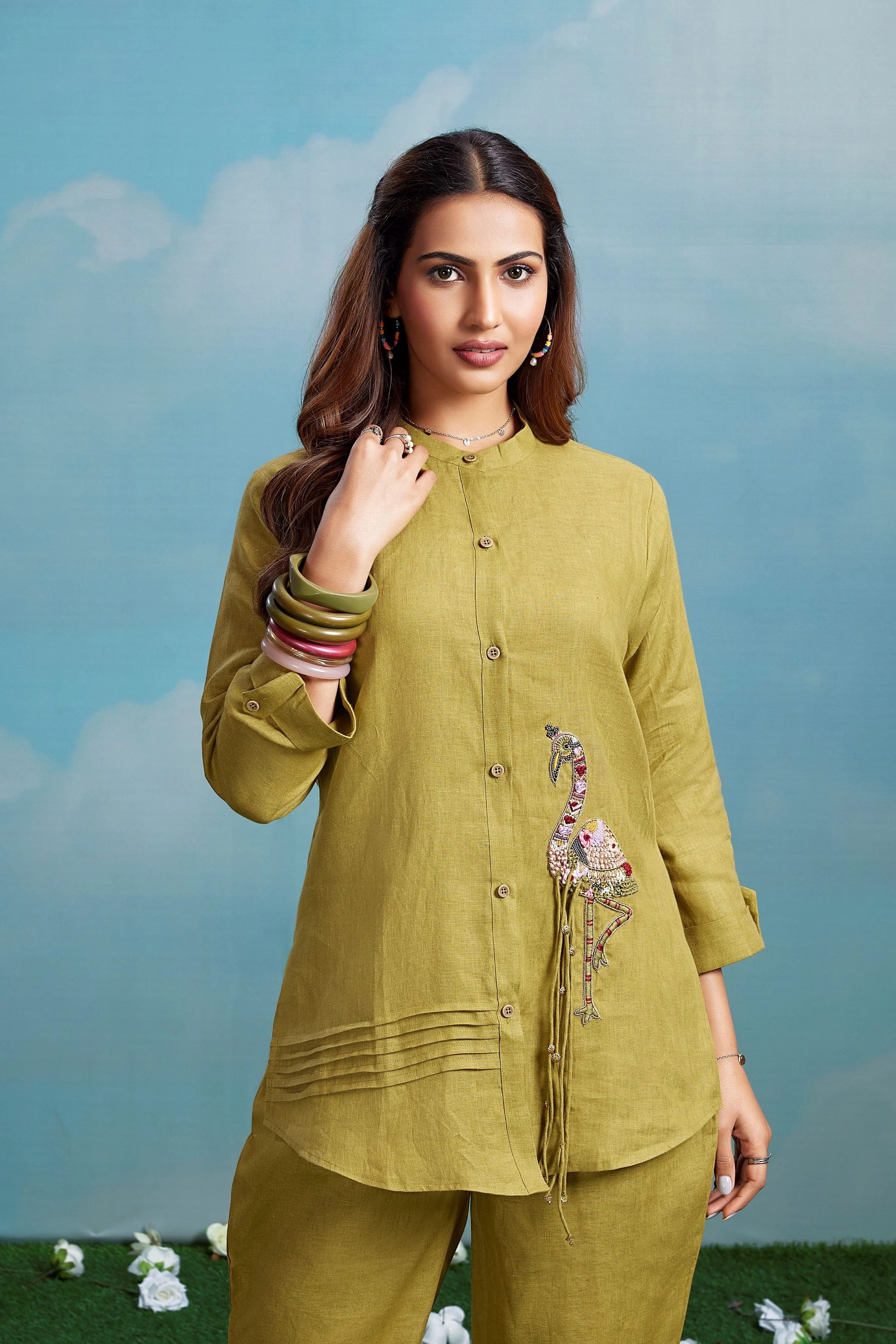 Citrine Green Embellished Linen Co-Ord Set - Image 2