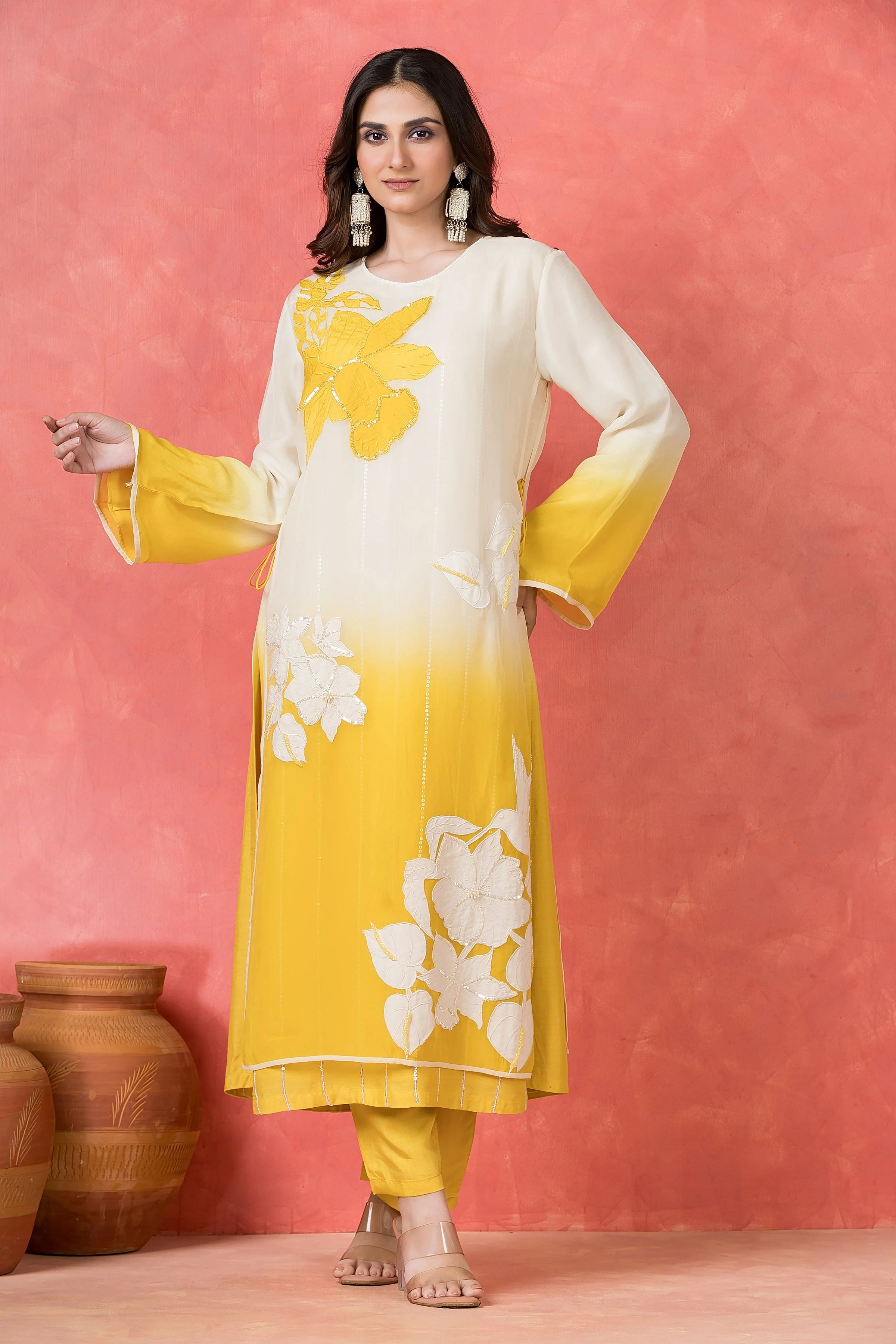 Citrine Ombre Embellished Mul Chanderi Silk Kurta Set