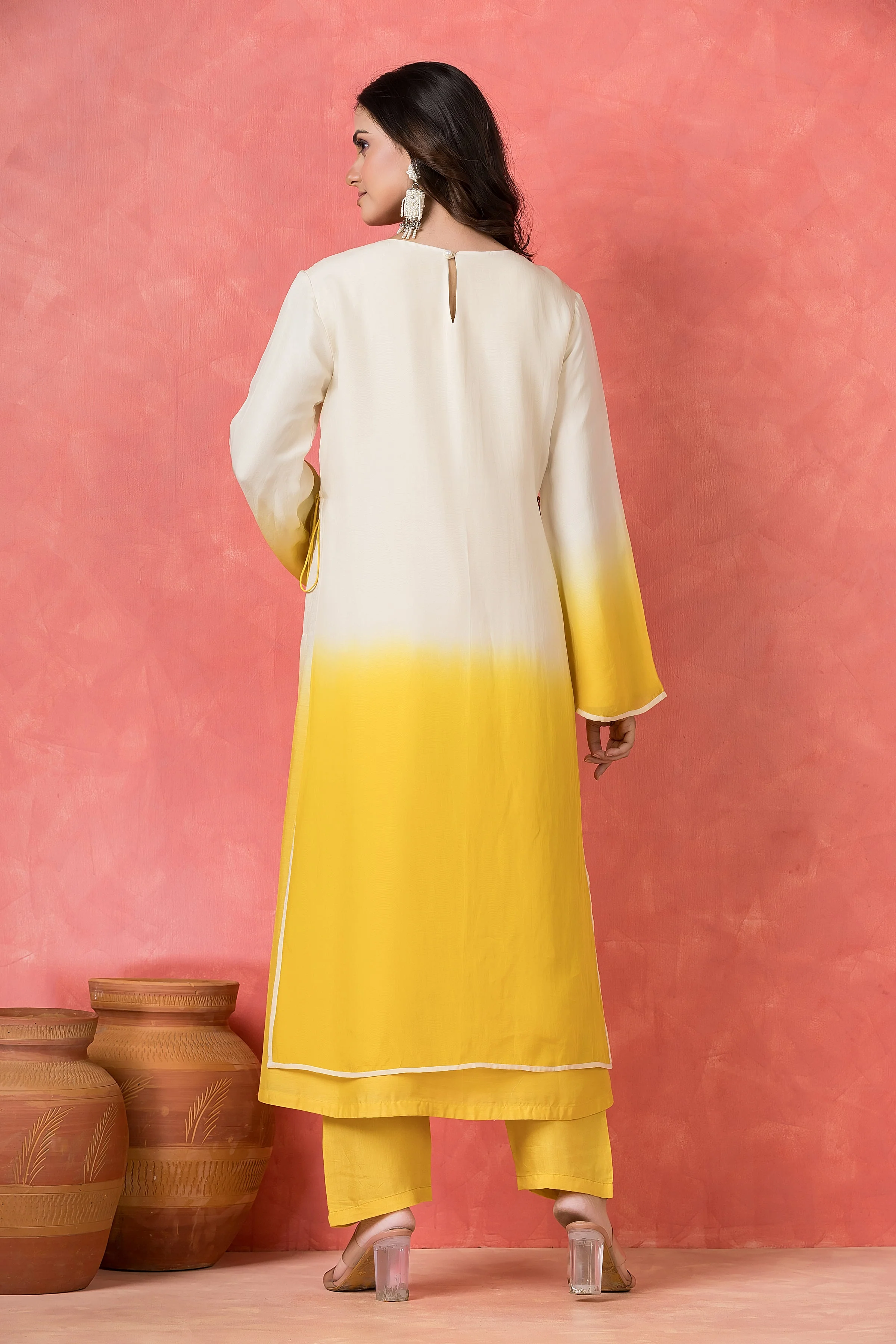 Citrine Ombre Embellished Mul Chanderi Silk Kurta Set - Image 2