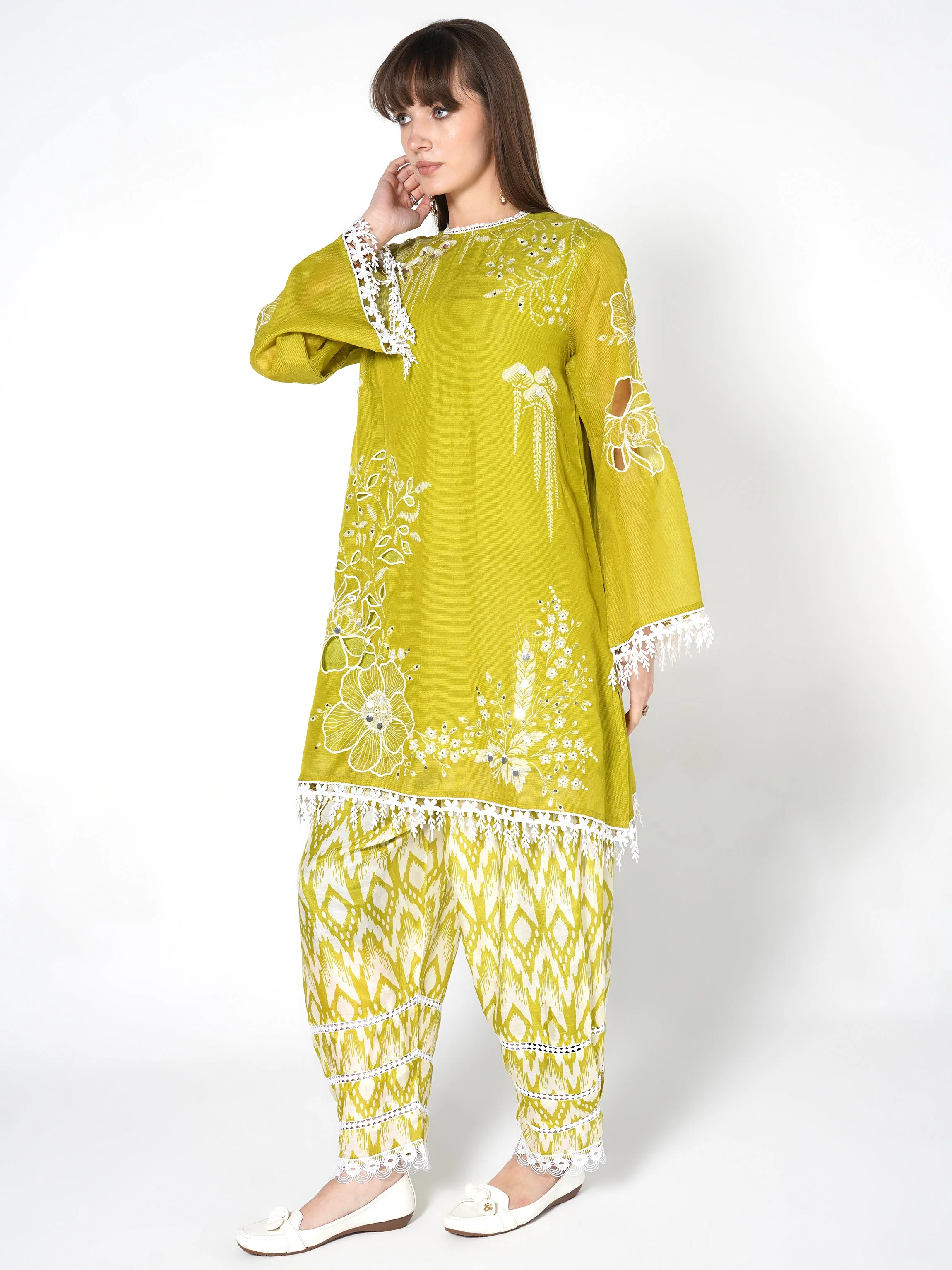 Citron Yellow Printed Linen Silk Co-Ord Set - Image 3