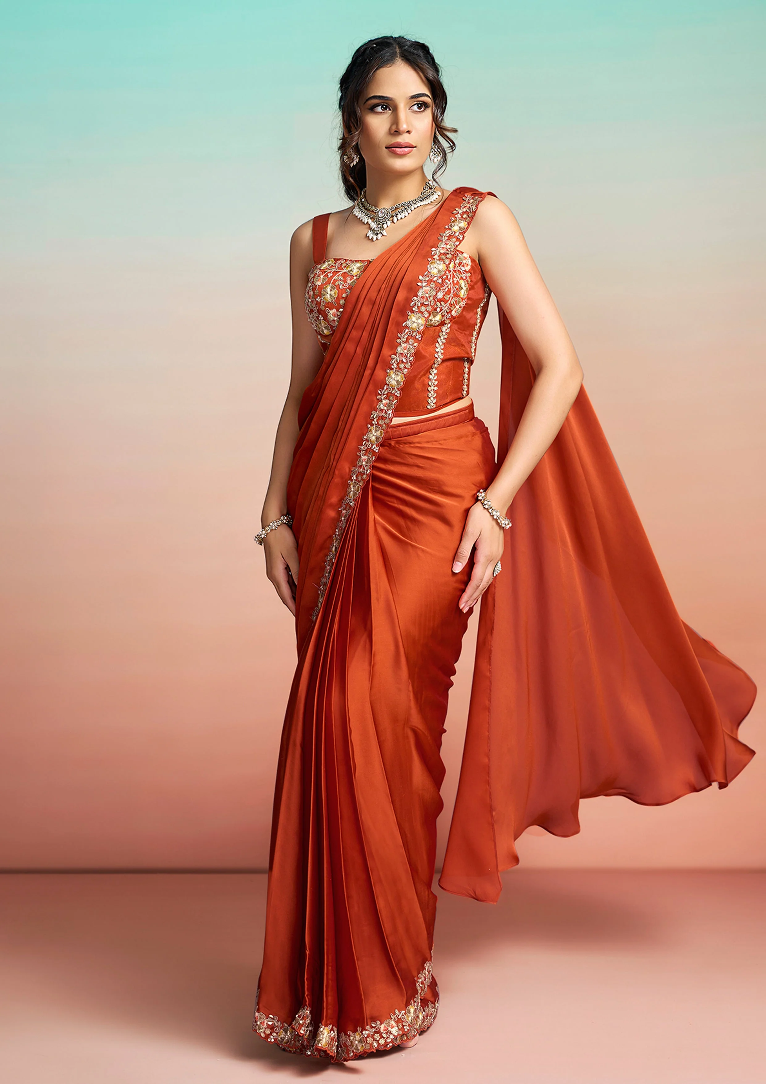 Citrus Burst Embellished Satin Silk Saree - Image 2