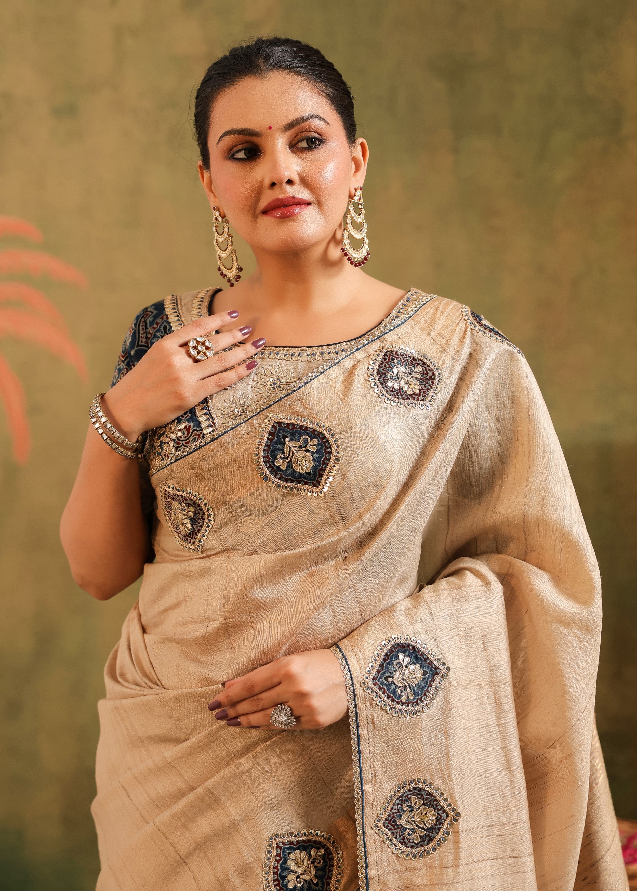 Classic Beige Embroidered Premium Silk Saree - Image 4
